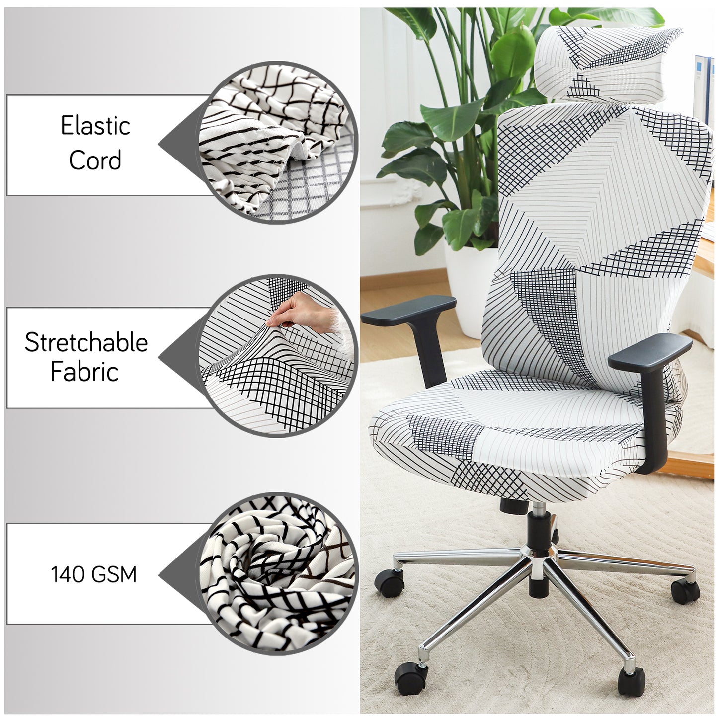 Printed Office Chair Cover with Headrest (High-Back) – 140 GSM Stretch Fabric – Washable, Anti-Slip Fit for Ergonomic Mesh Office Chairs, Snow White Black Geometry