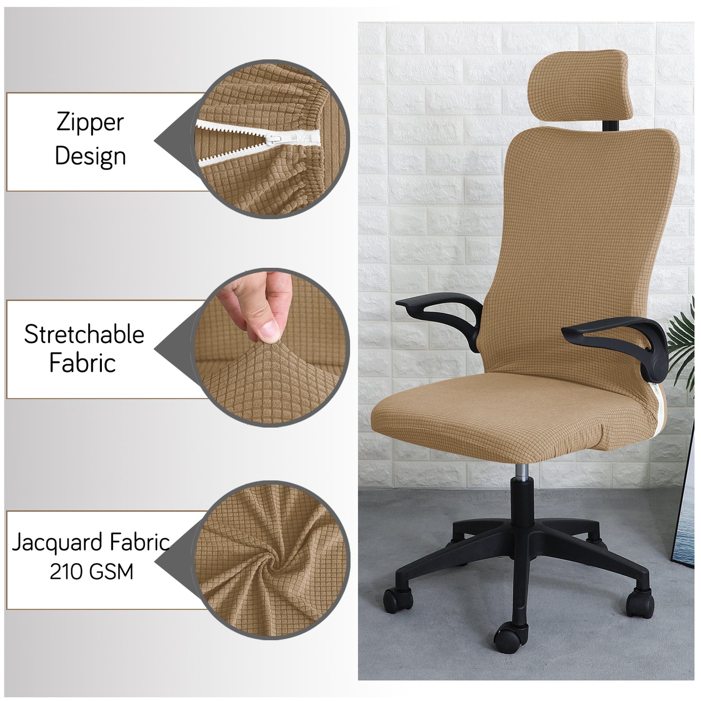 Water Repellent Office Chair Cover with Headrest (High-Back) – 210 GSM Stretch Jacquard – Washable, Anti-Slip Fit for Ergonomic Mesh Office Chairs, Light Brown