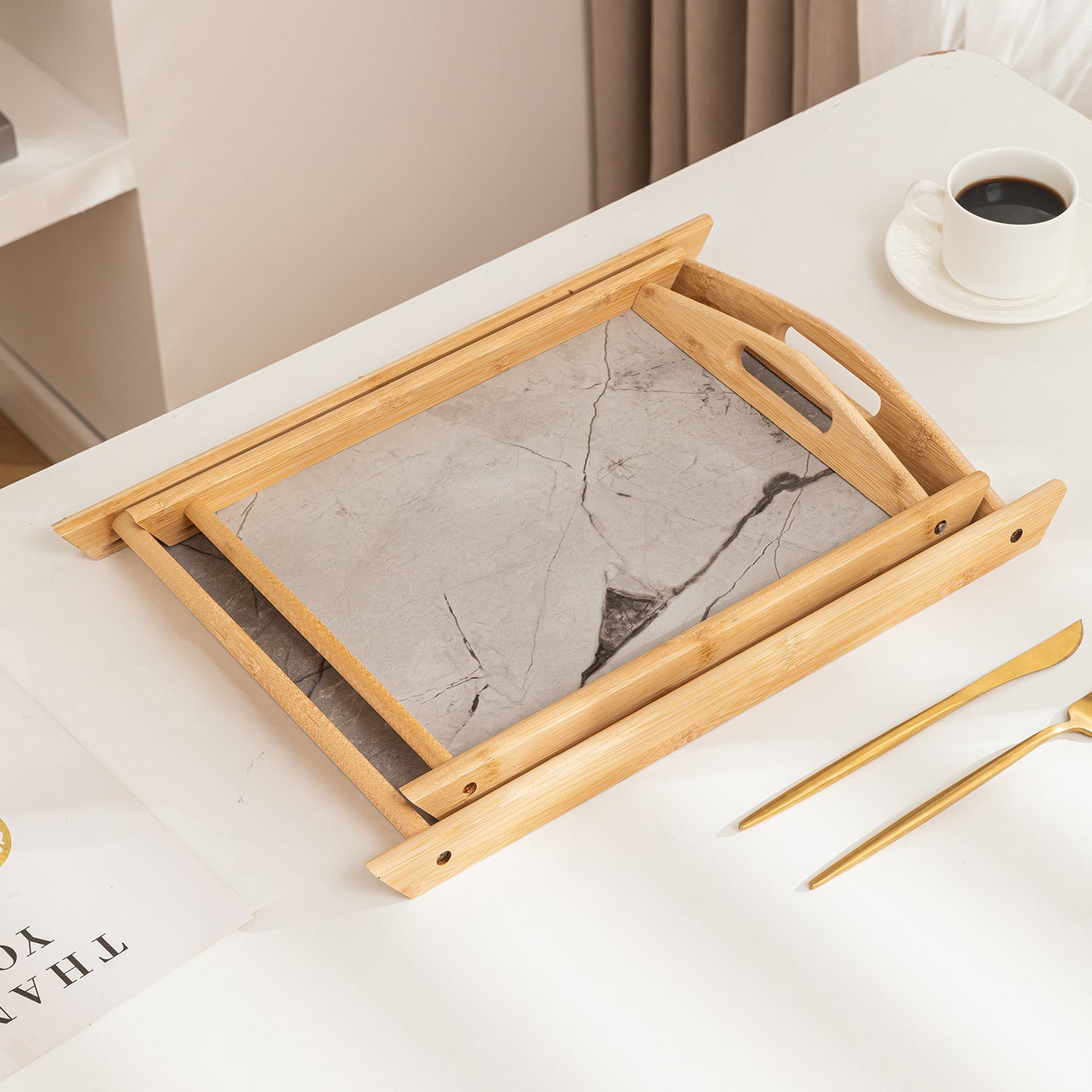 Bamboo Set of 2 Serving Trays with Handles – elegant faux marble base, Grey