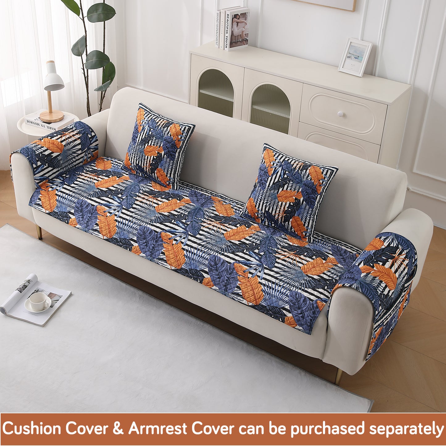 LiefNest Holland Velvet Sofa Cover Mat with Foam Filling - Tropical Leaves Dusk Blue