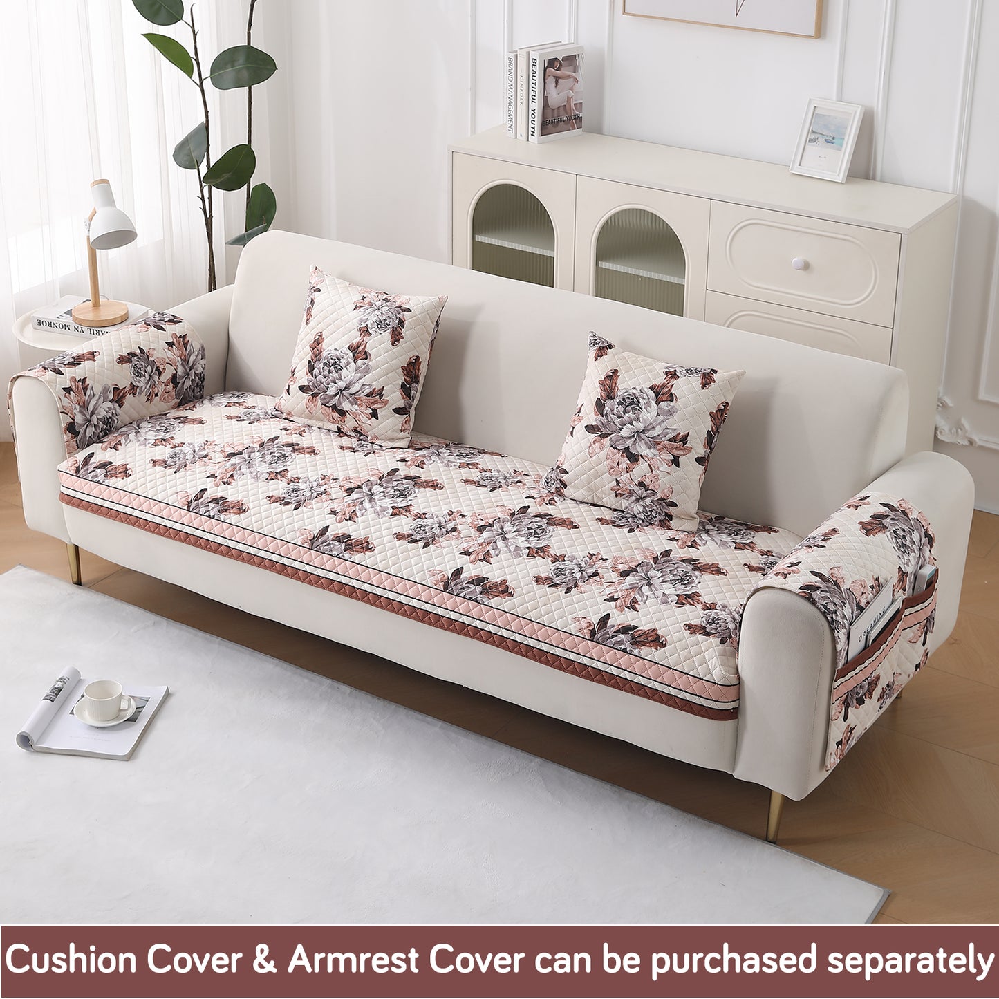 LiefNest Holland Velvet Sofa Cover Mat with Foam Filling - Chrysanthemum Bloom Soft Beige