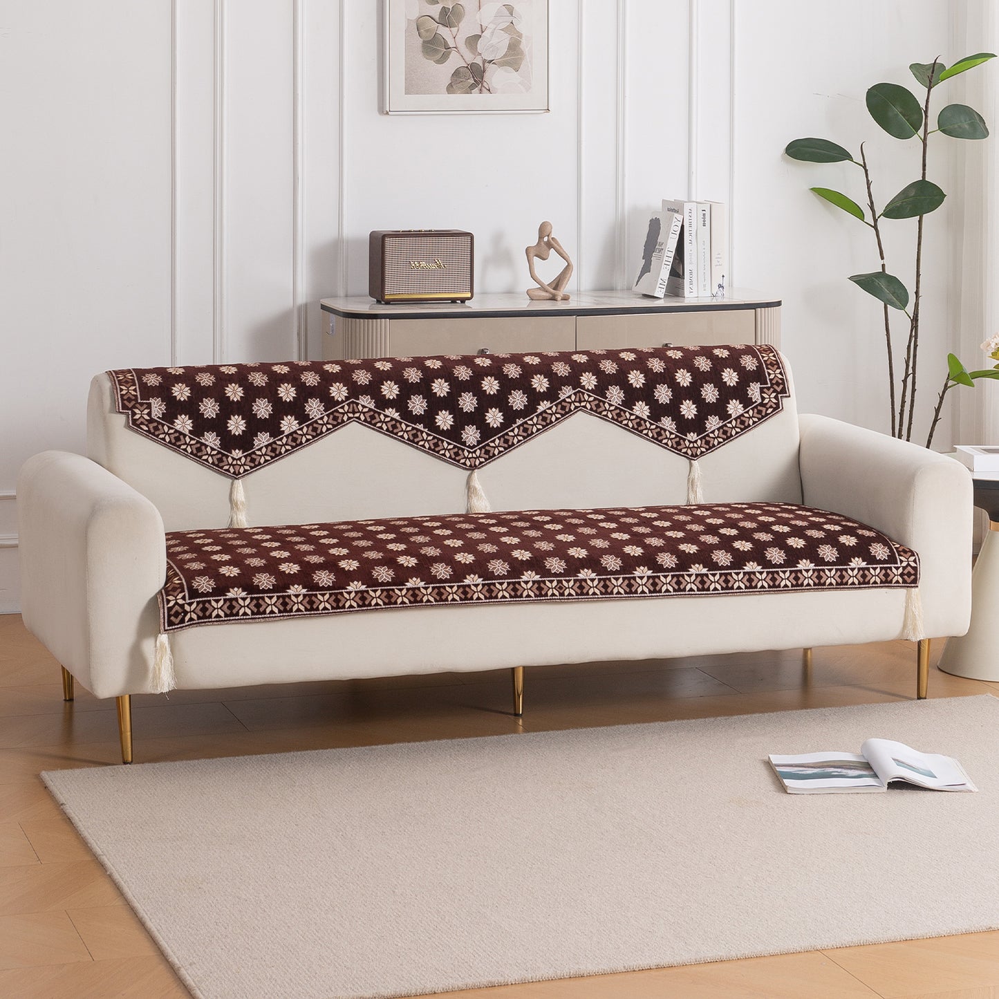 Heritage Weave Premium Jacquard Sofa Cover Set with Tassels - Coffee Brown
