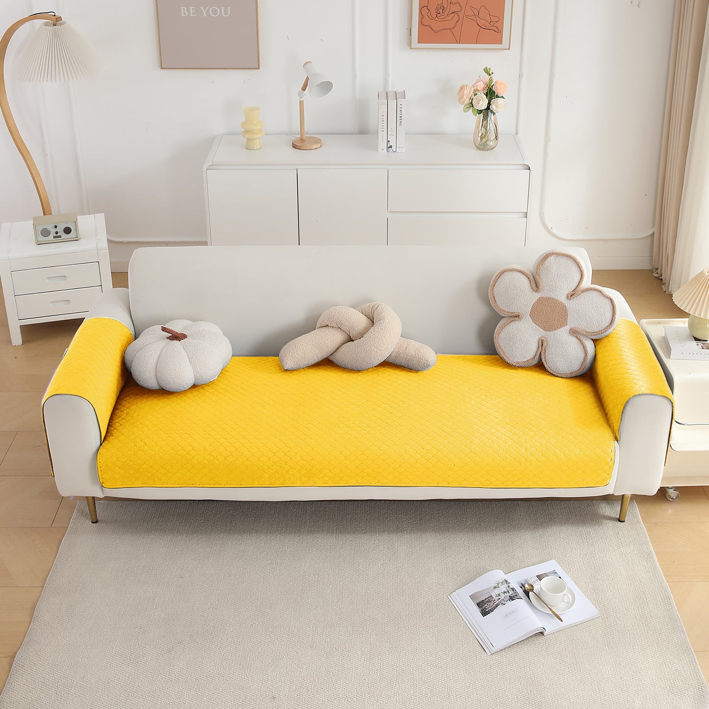 Quilted Sofa Cover Mat with 2 Armrest Covers Pockets, Yellow