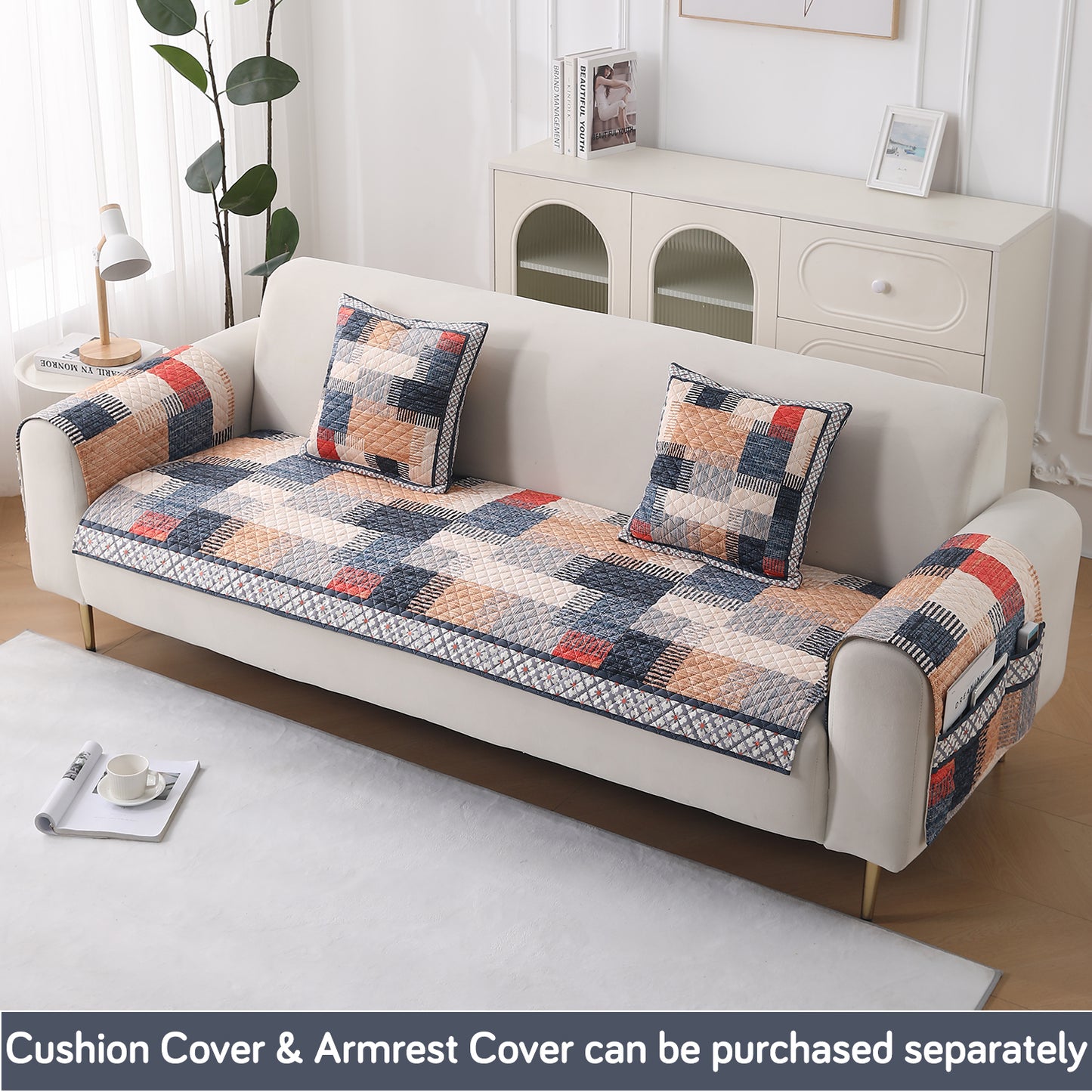 LiefNest Holland Velvet Sofa Cover Mat with Foam Filling - Urban Grid Multicolor