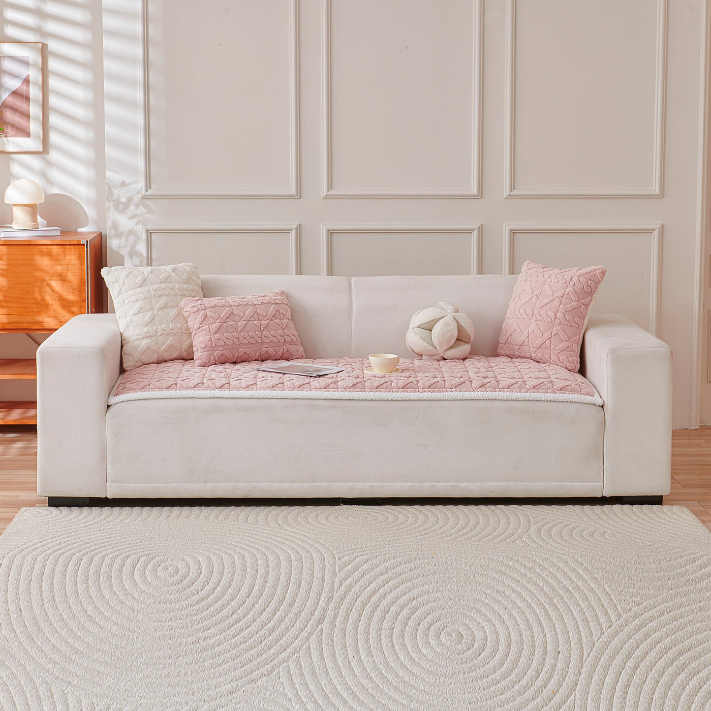 'Italian Caelora' Luxury Jacquard Plush Sofa Cover Mat and Anti-Slip Armrest Covers - Misty Rose
