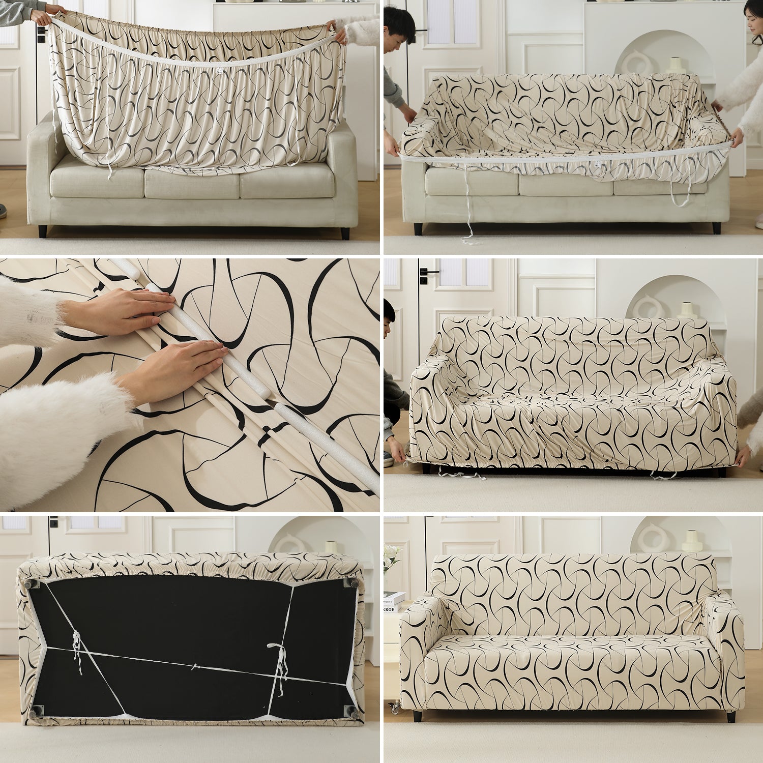 Step-by-step guide on How to put on Natural Beige Abstract Art Print elastic sofa cover