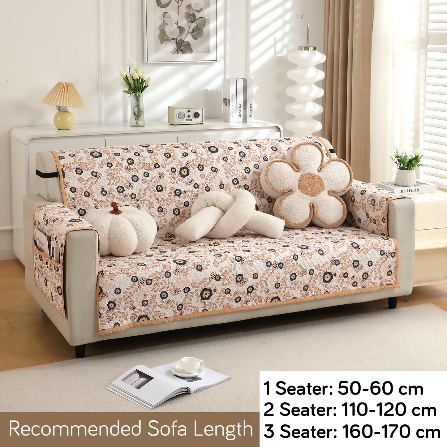 Quilted Sofa Cover with Pockets, Light Peach Candytuft