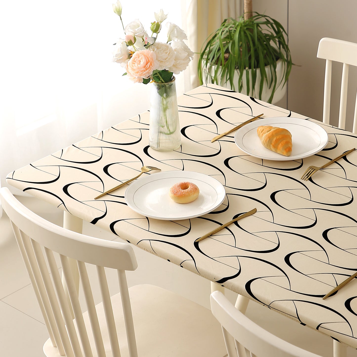 Printed Stretch Fit Water-Repellent & Anti-Slip Table Cloth Cover for 4 Seater / 6 Seater, Natural Beige Abstract Art