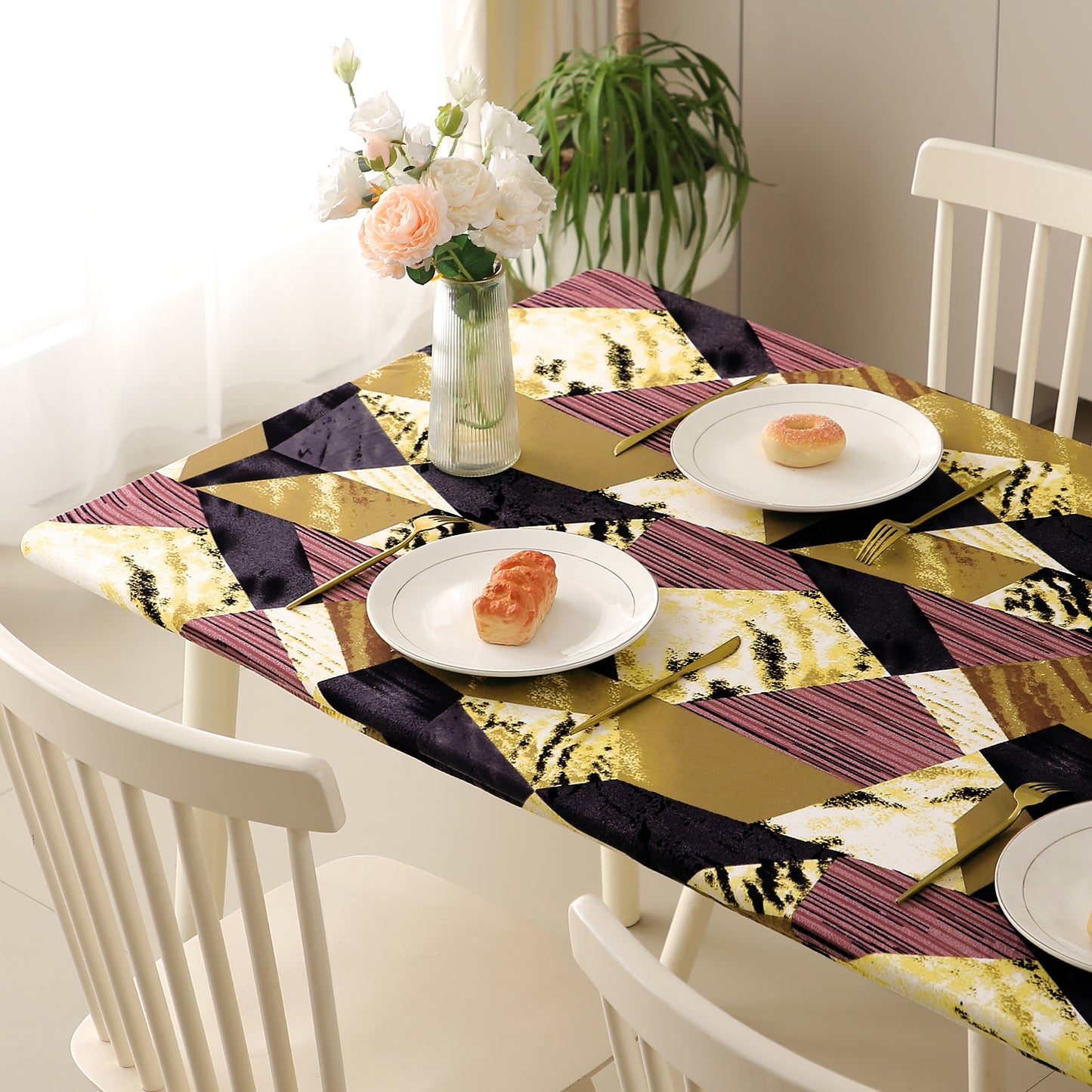 Printed Stretch Fit Water-Repellent & Anti-Slip Table Cloth Cover for 4 Seater / 6 Seater, Wine Abstract Geometry