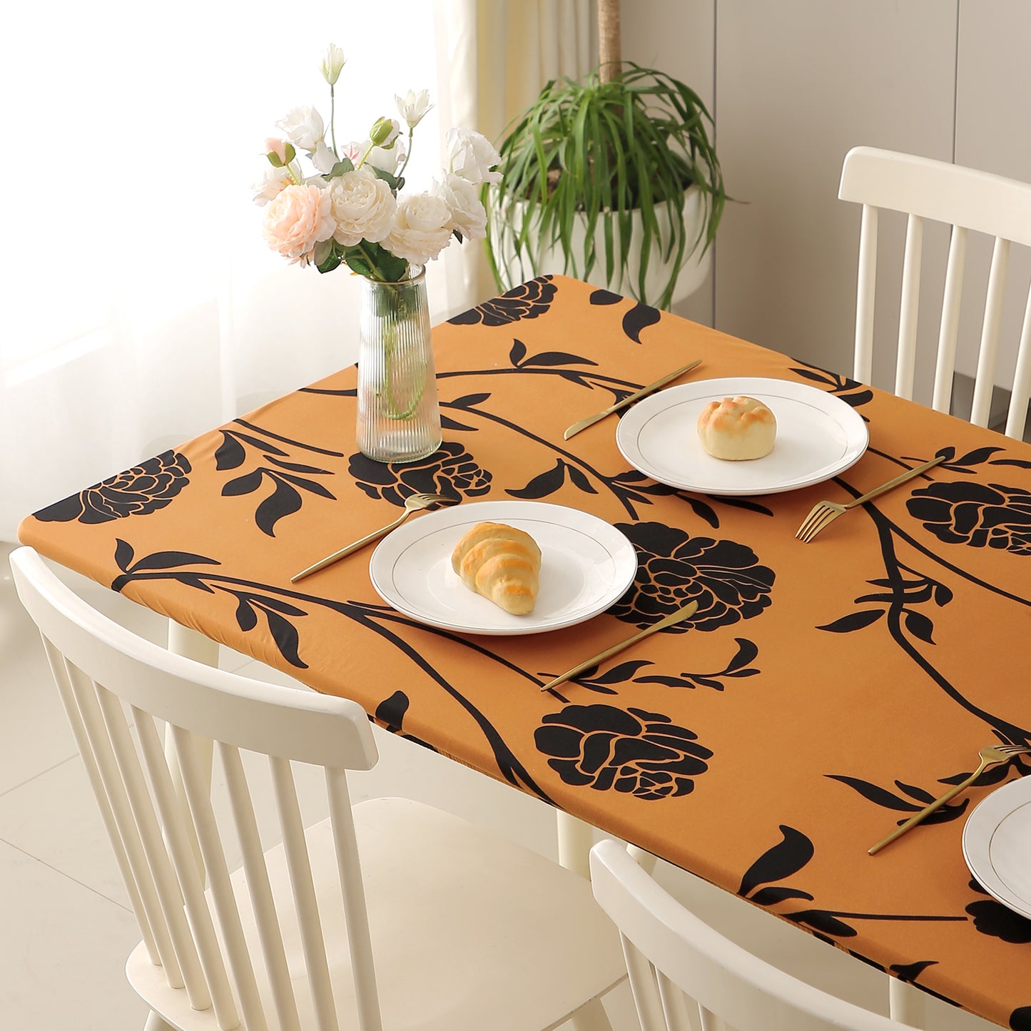 Printed Stretch Fit Water-Repellent & Anti-Slip Table Cloth Cover for 4 Seater / 6 Seater, Copper Brown Floral