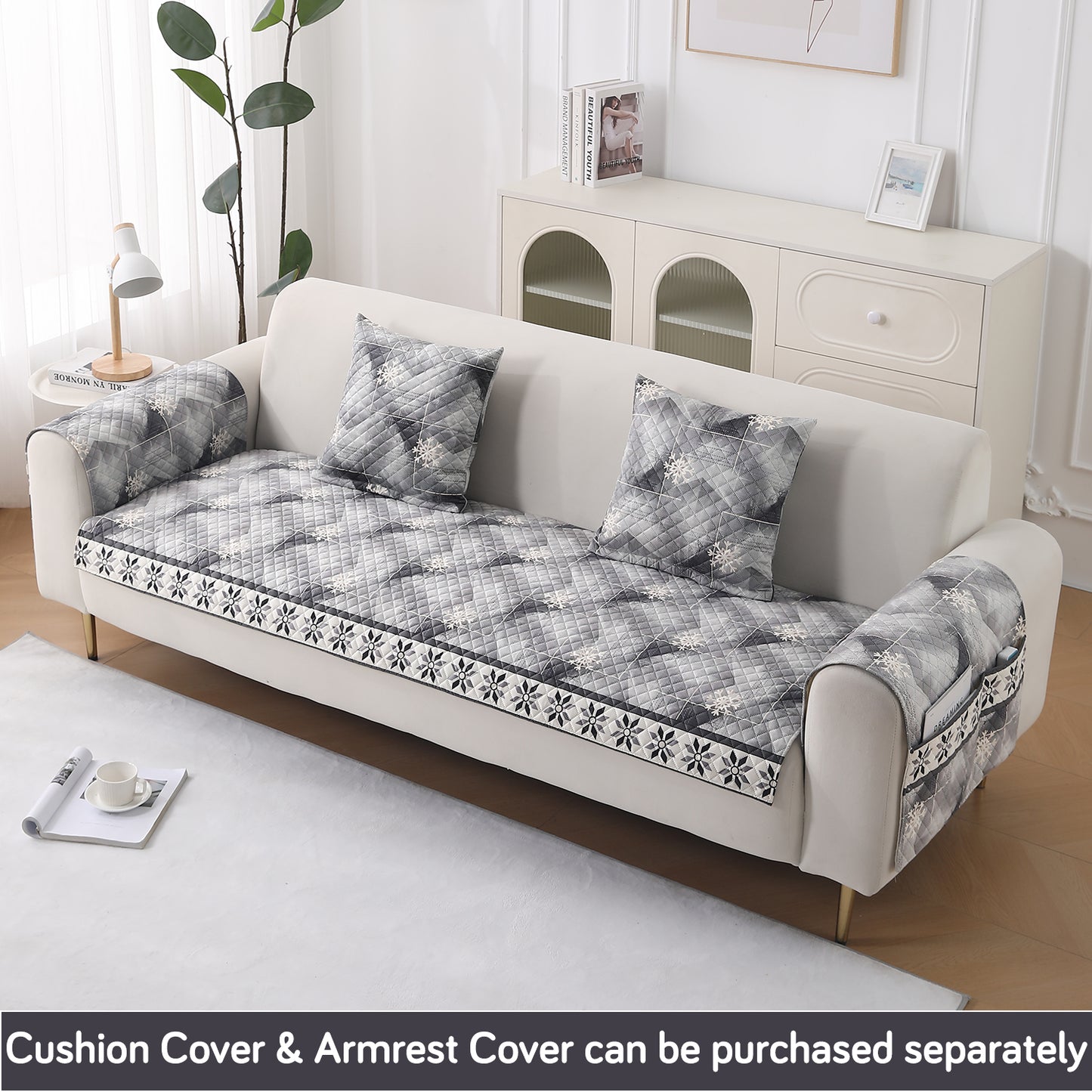 LiefNest Holland Velvet Sofa Cover Mat with Foam Filling - Snowflakes Gradient Grey