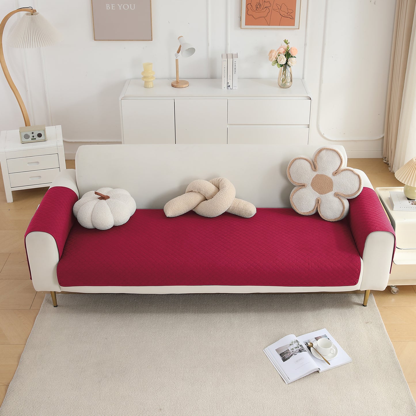 Quilted Sofa Cover Mat with 2 Armrest Covers Pockets, Maroon