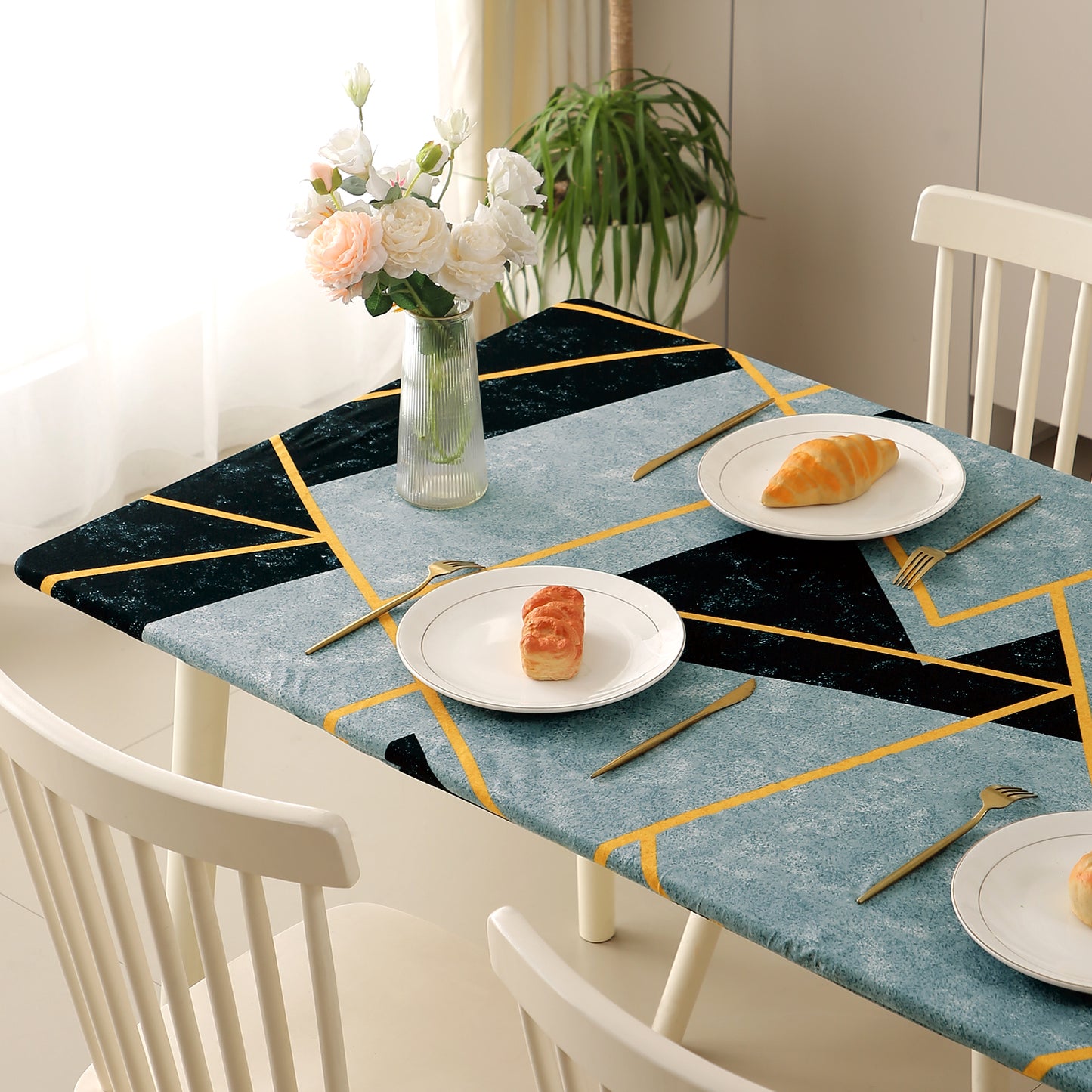 Printed Stretch Fit Water-Repellent & Anti-Slip Table Cloth Cover for 4 Seater / 6 Seater, Multicolor Abstract Geometry