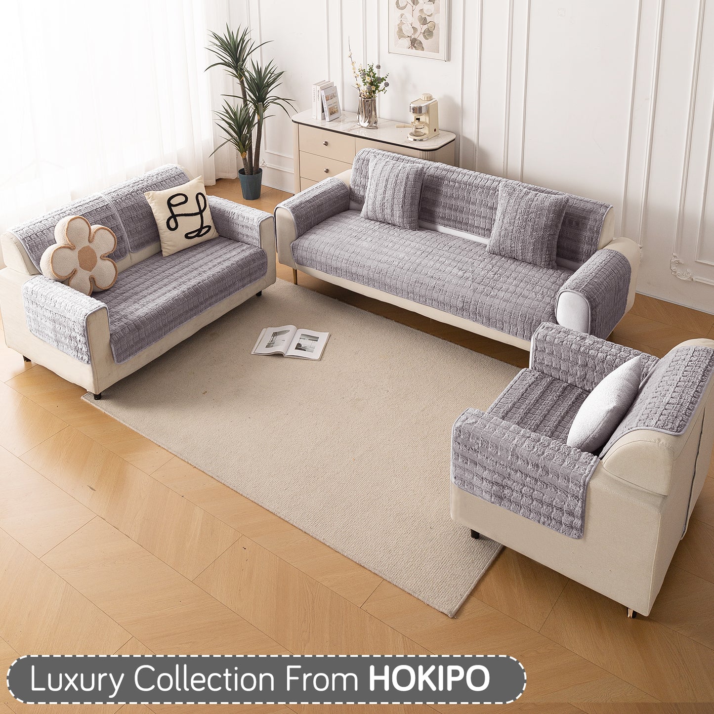 Premium Plush Anti Slip Sofa Cover Mat, Light Grey