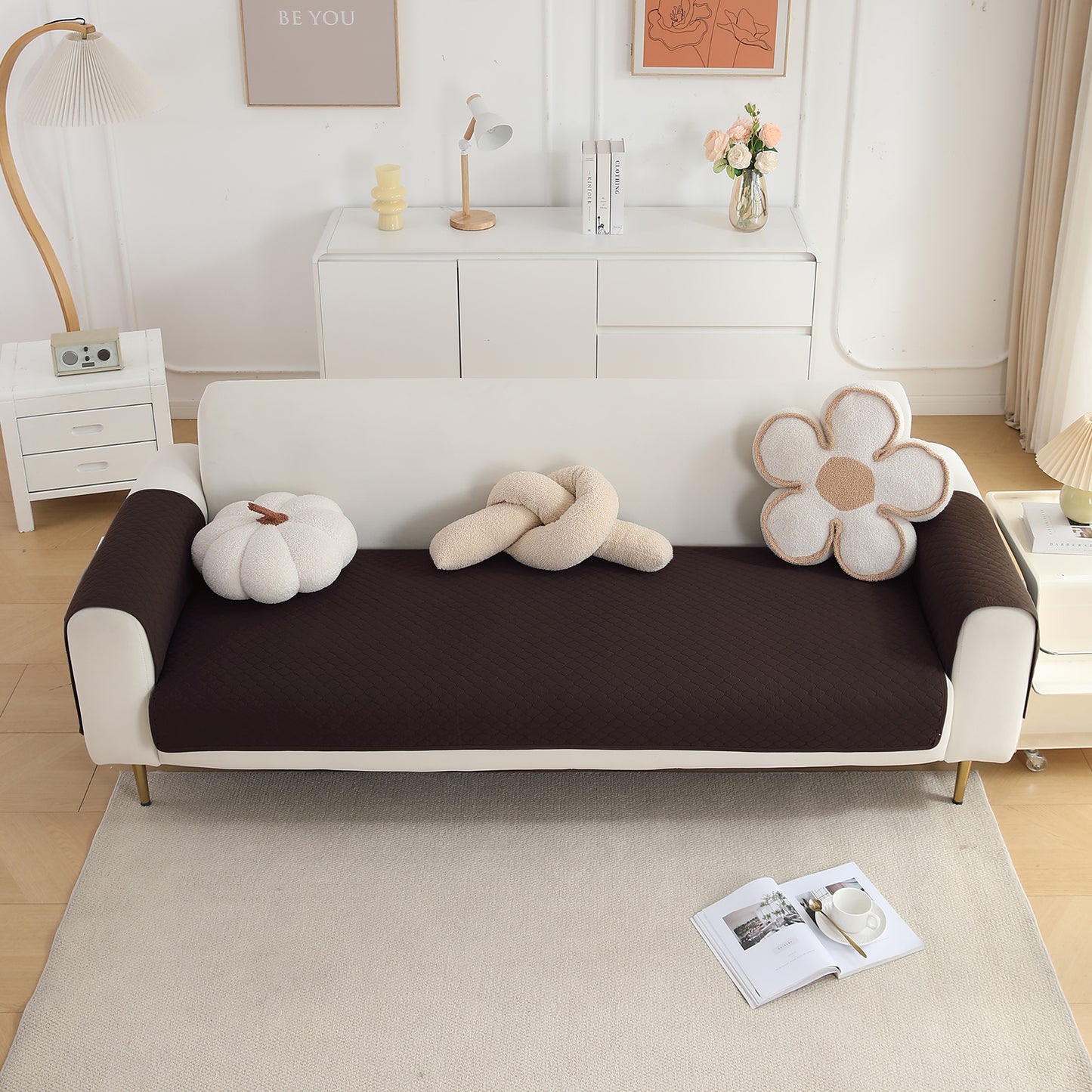 Quilted Sofa Cover Set with Seat Mat and Armrest Covers with Pockets, Dark Brown