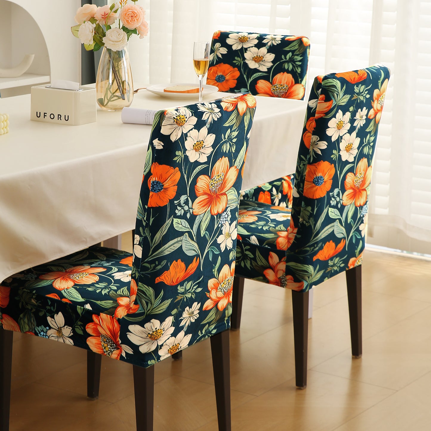 Premium Printed Velvet Dining Chair Cover Set, Teal Twilight Garden