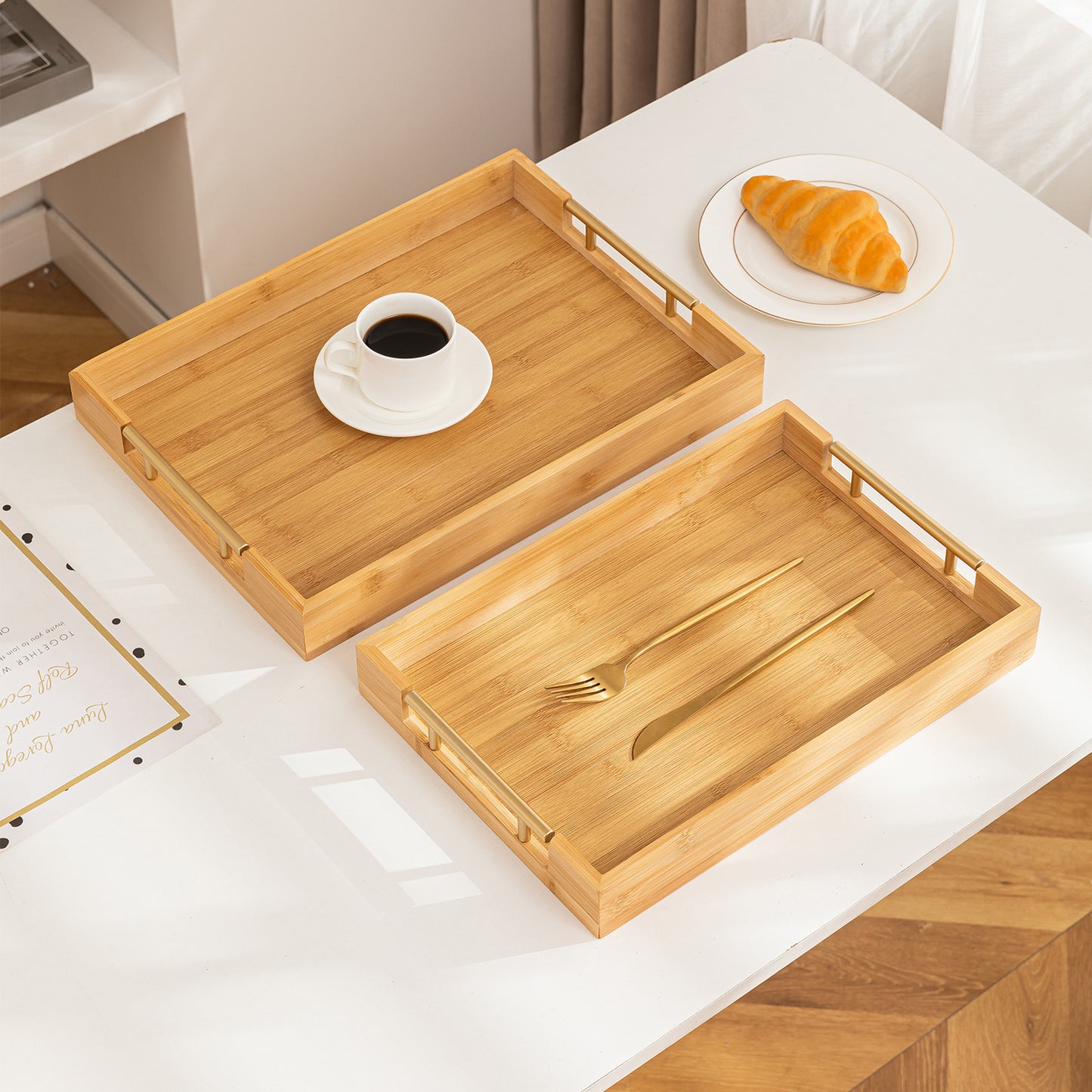 Bamboo Set of 2/3 Serving Tray Set with Gold Handles – Elegant Wooden Trays for Kitchen