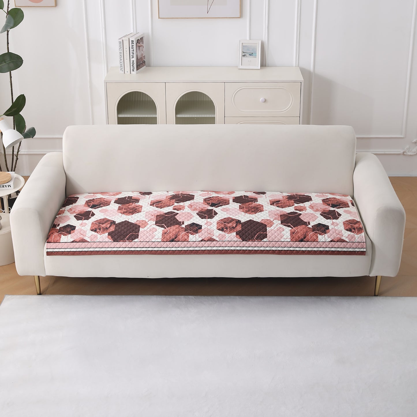 LiefNest Holland Velvet Sofa Cover Mat with Foam Filling - Geometric Hexagon Cider