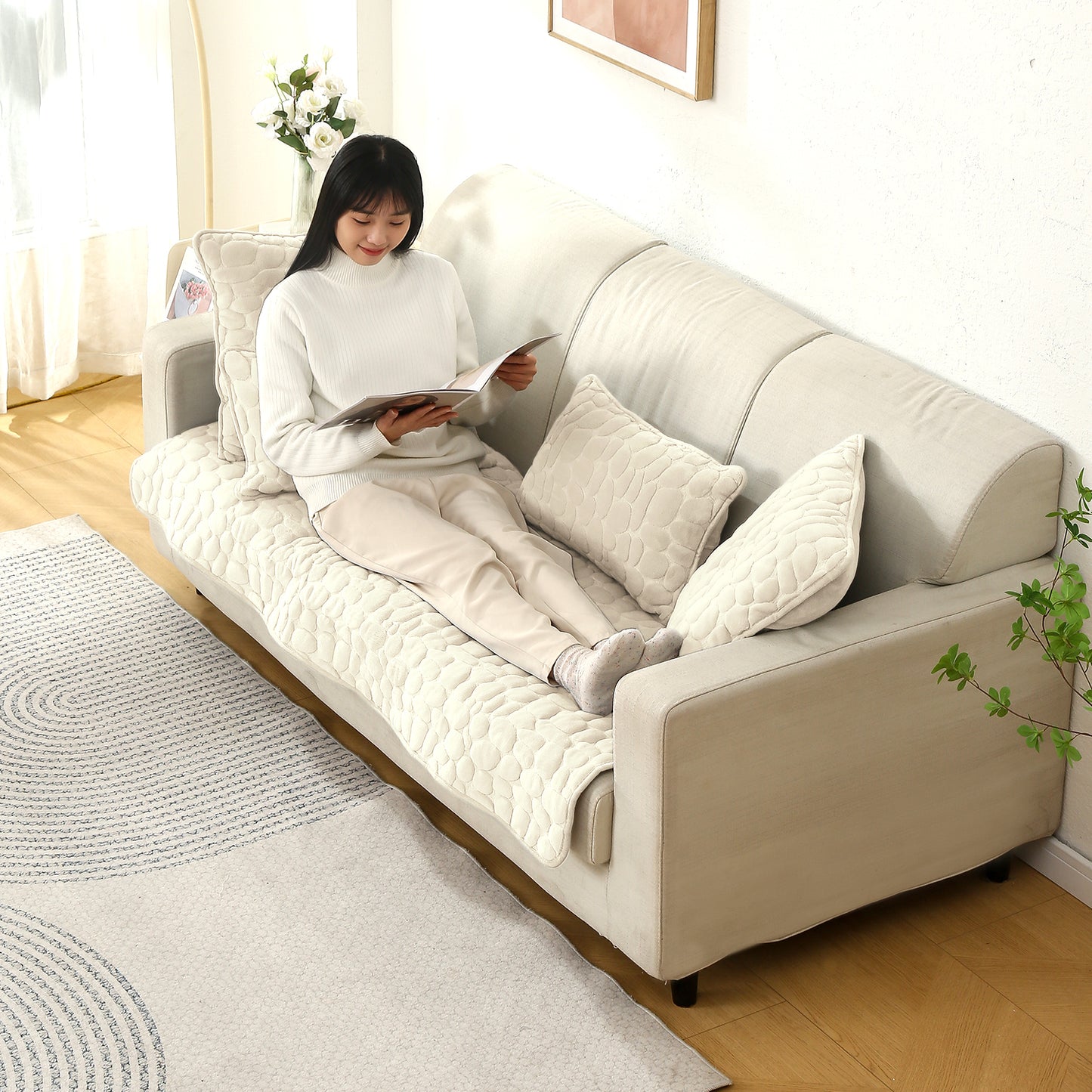 Premium Pebble Milk Velvet Anti Slip Sofa Mats, Bliss White