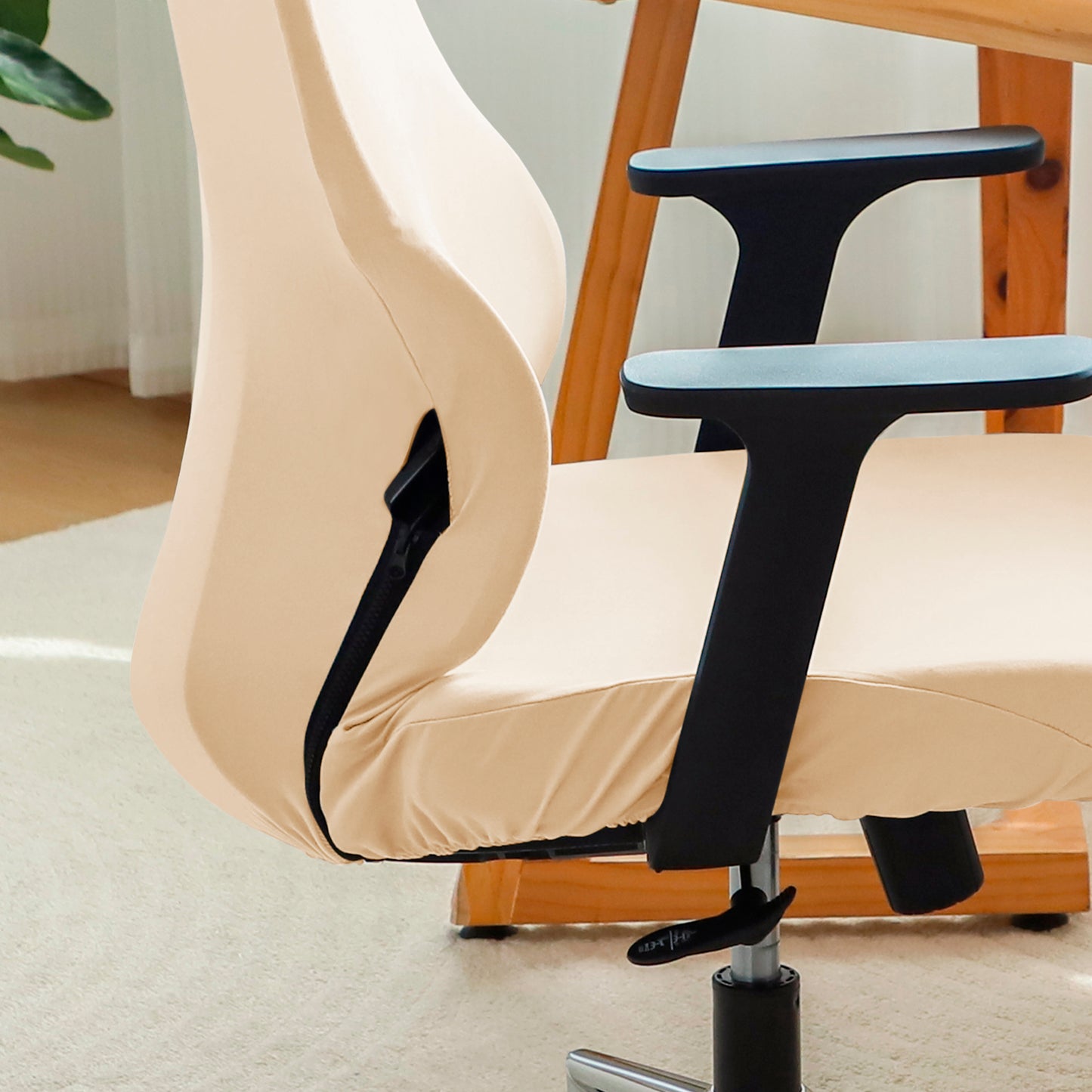 Office Chair Cover with Headrest (High-Back) – 140 GSM Stretch Fabric – Washable, Anti-Slip Fit for Ergonomic Mesh Office Chairs, Beige