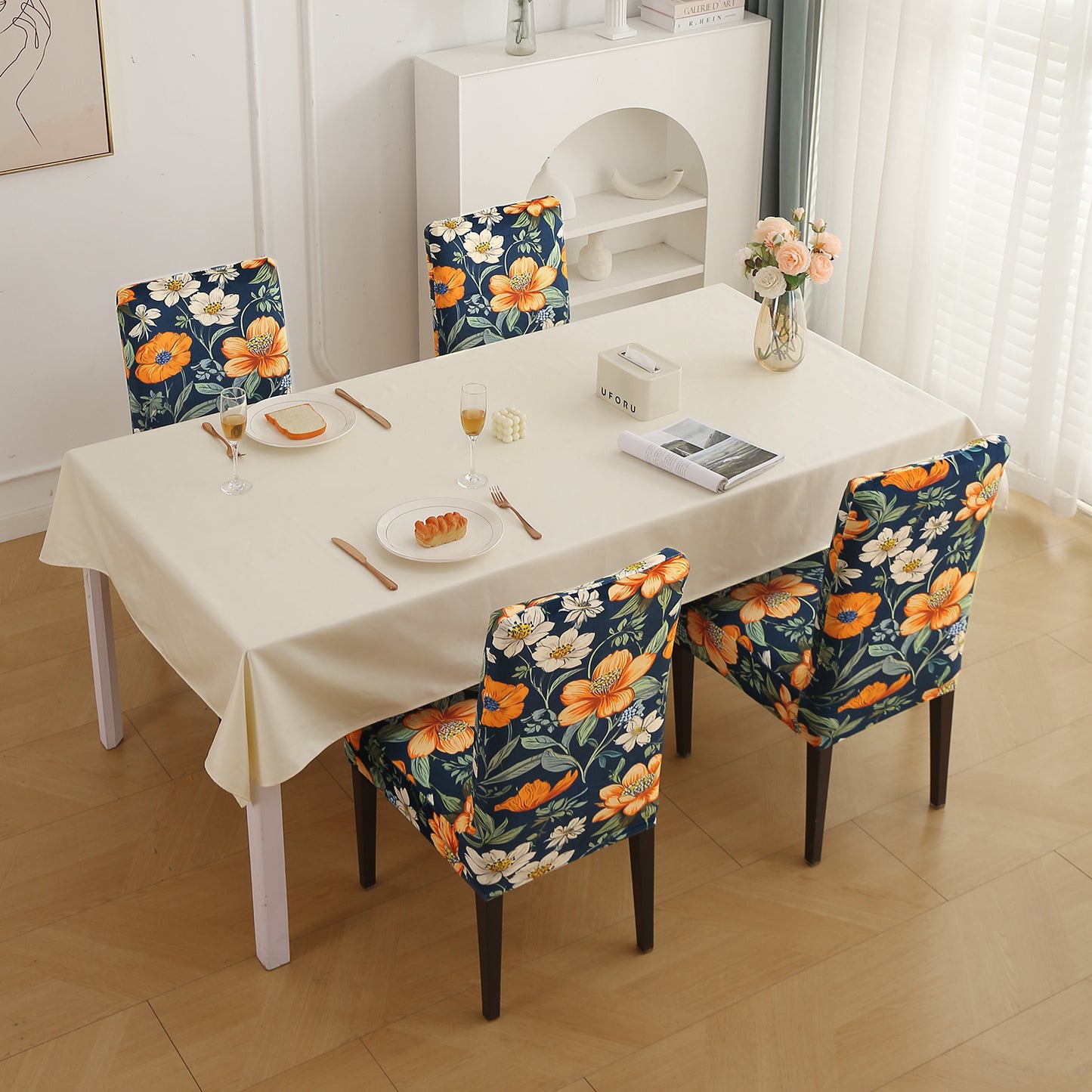 Premium Printed Velvet Dining Chair Cover Set, Teal Twilight Garden