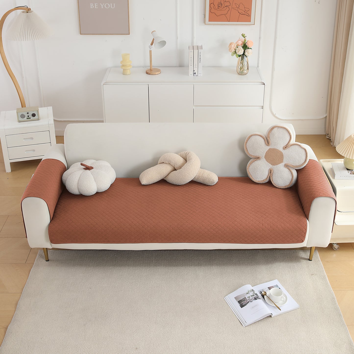 Quilted Sofa Cover Mat with 2 Armrest Covers Pockets, Brown