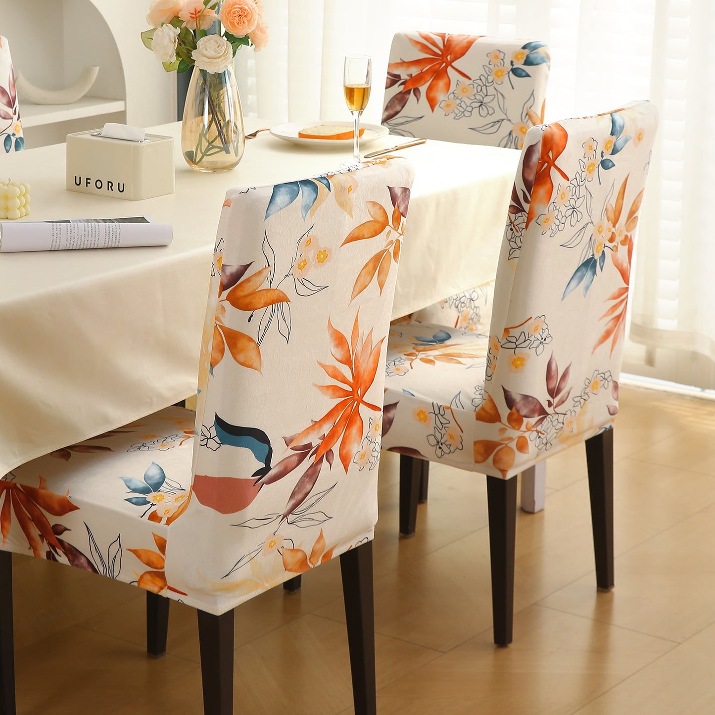 Premium Printed Velvet Dining Chair Cover Set, Amber Serene Flora