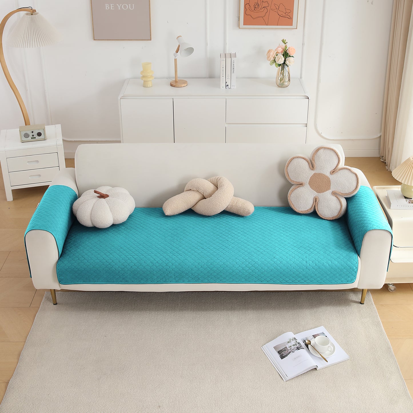 Quilted Sofa Cover Mat with 2 Armrest Covers Pockets, Teal