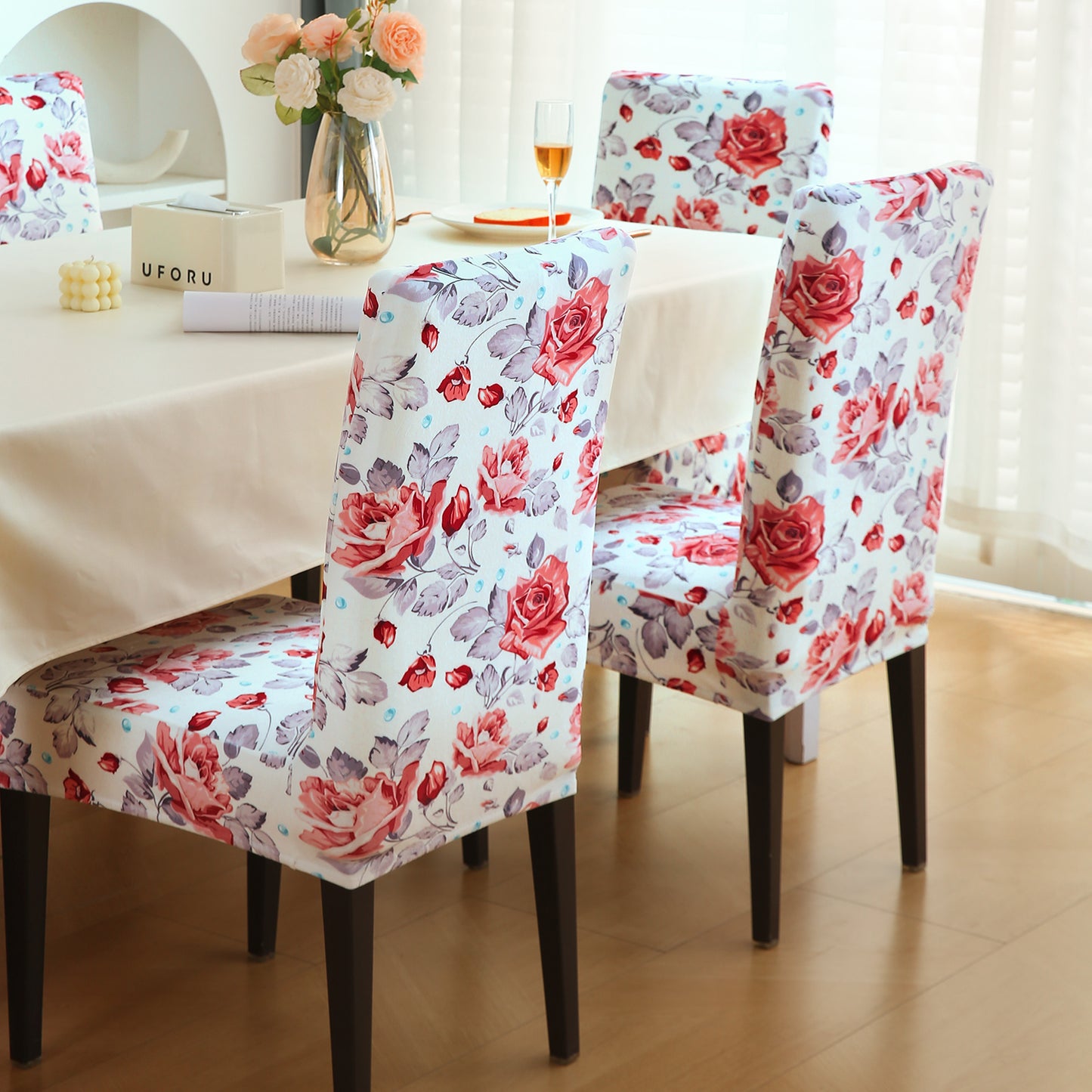 Premium Printed Velvet Dining Chair Cover Set, Red Cottage Rose