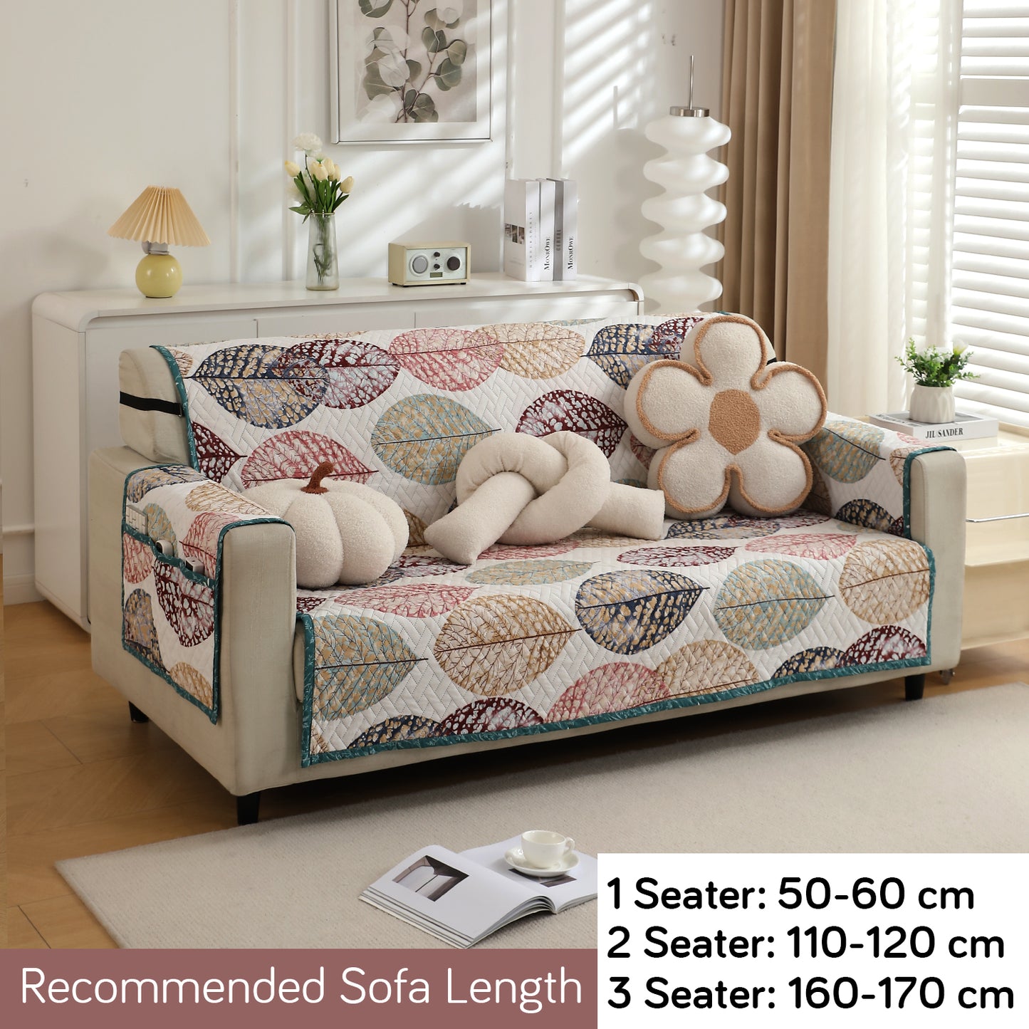 Quilted Sofa Cover with Pockets, Multicolor Linden Leaf