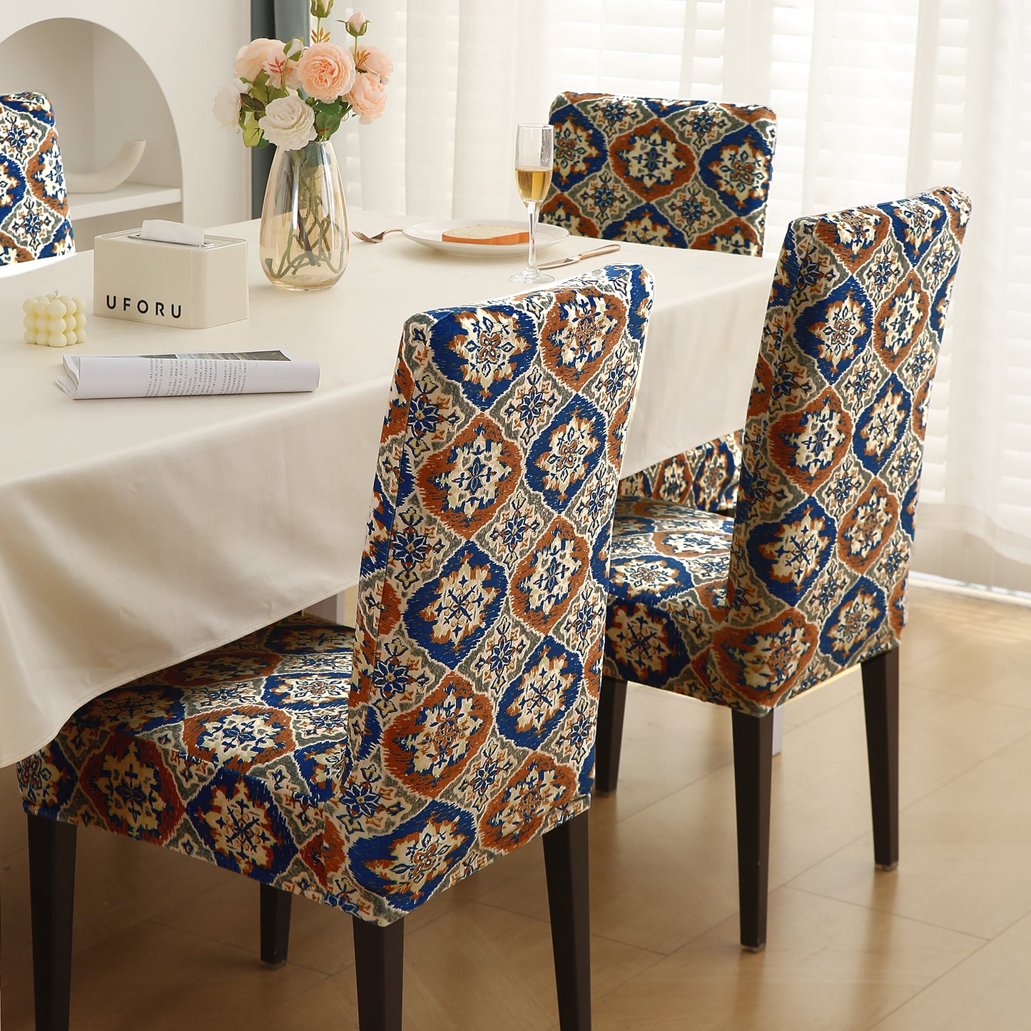 Premium Printed Velvet Dining Chair Cover Set, Indigo Moroccan Charm