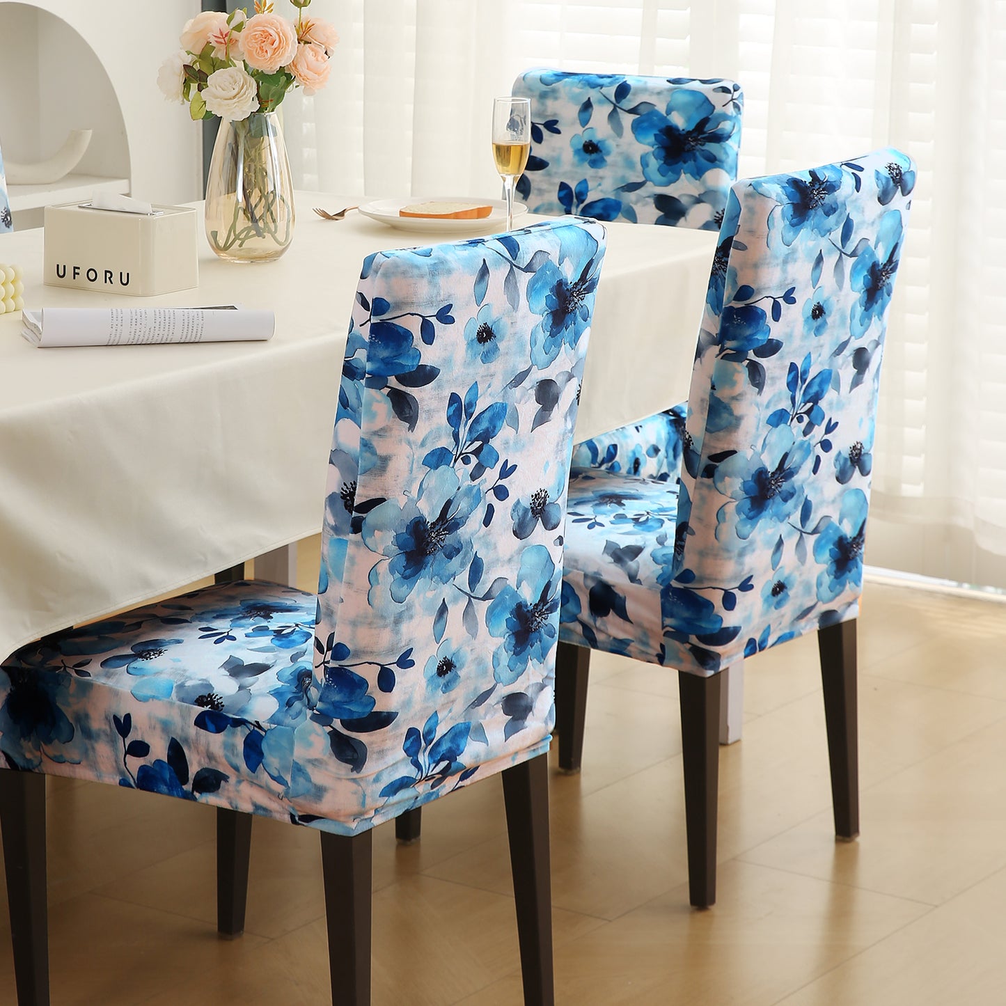Premium Printed Velvet Dining Chair Cover Set, Blue Azure Botanical