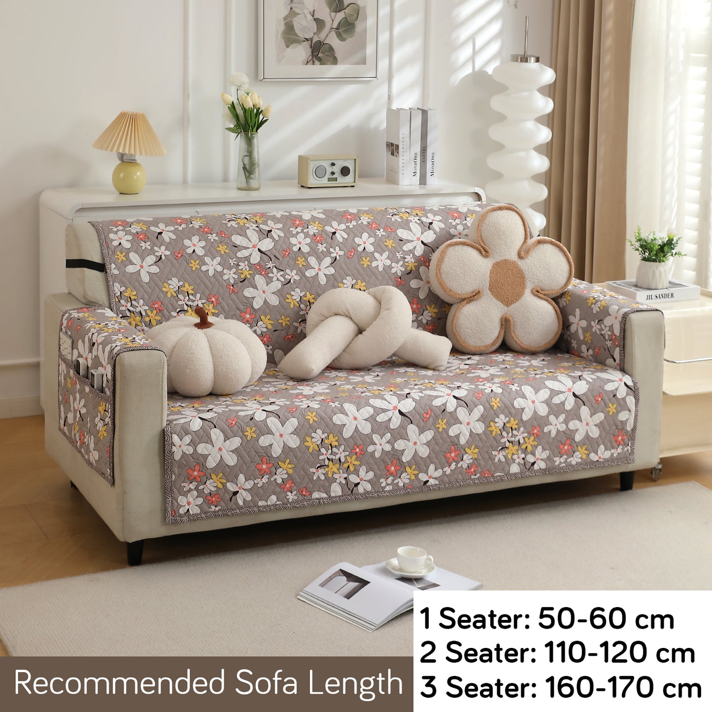 3 Seater Pastel Brown Sandwort Flower Printed quilted sofa cover