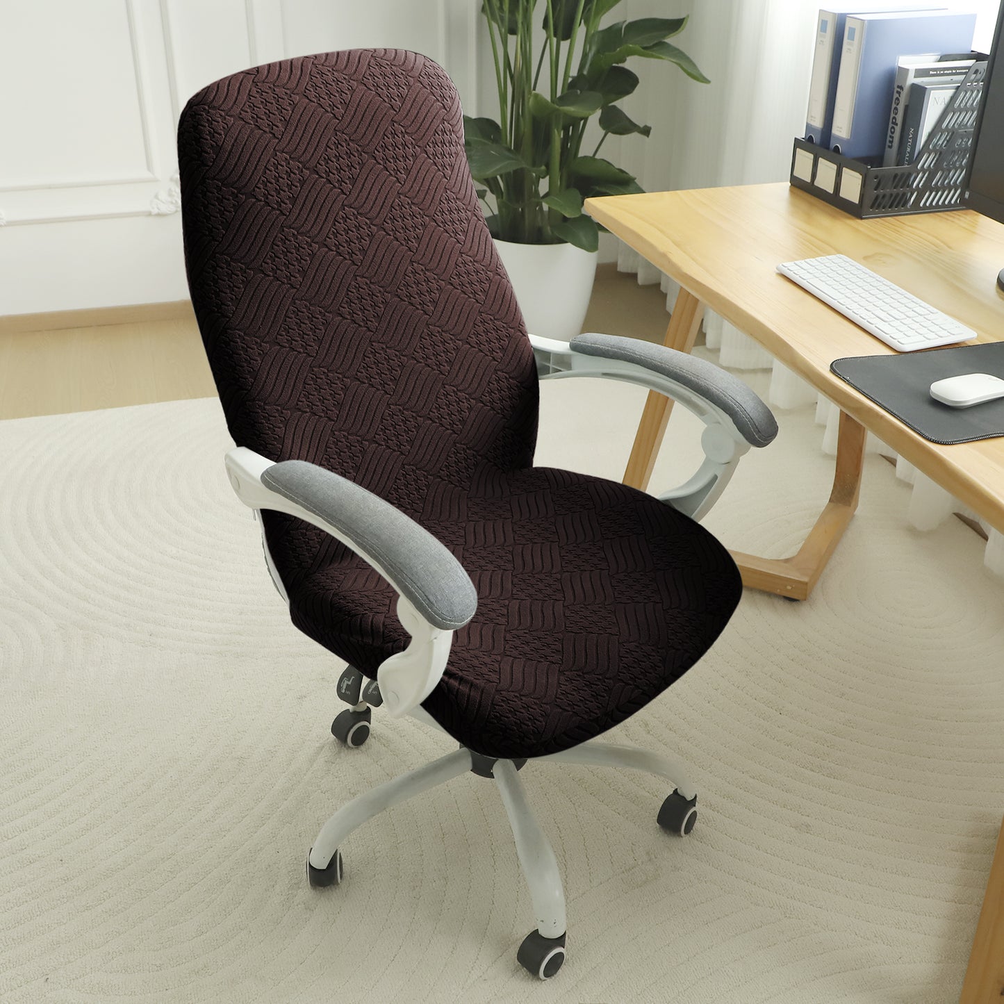 Office Chair Cover for Desk Chair (Mid-Back) – 170 GSM Stretch Jacquard – Washable, Durable & Anti-Slip – Fits Mid-Back Office Chairs, Brown