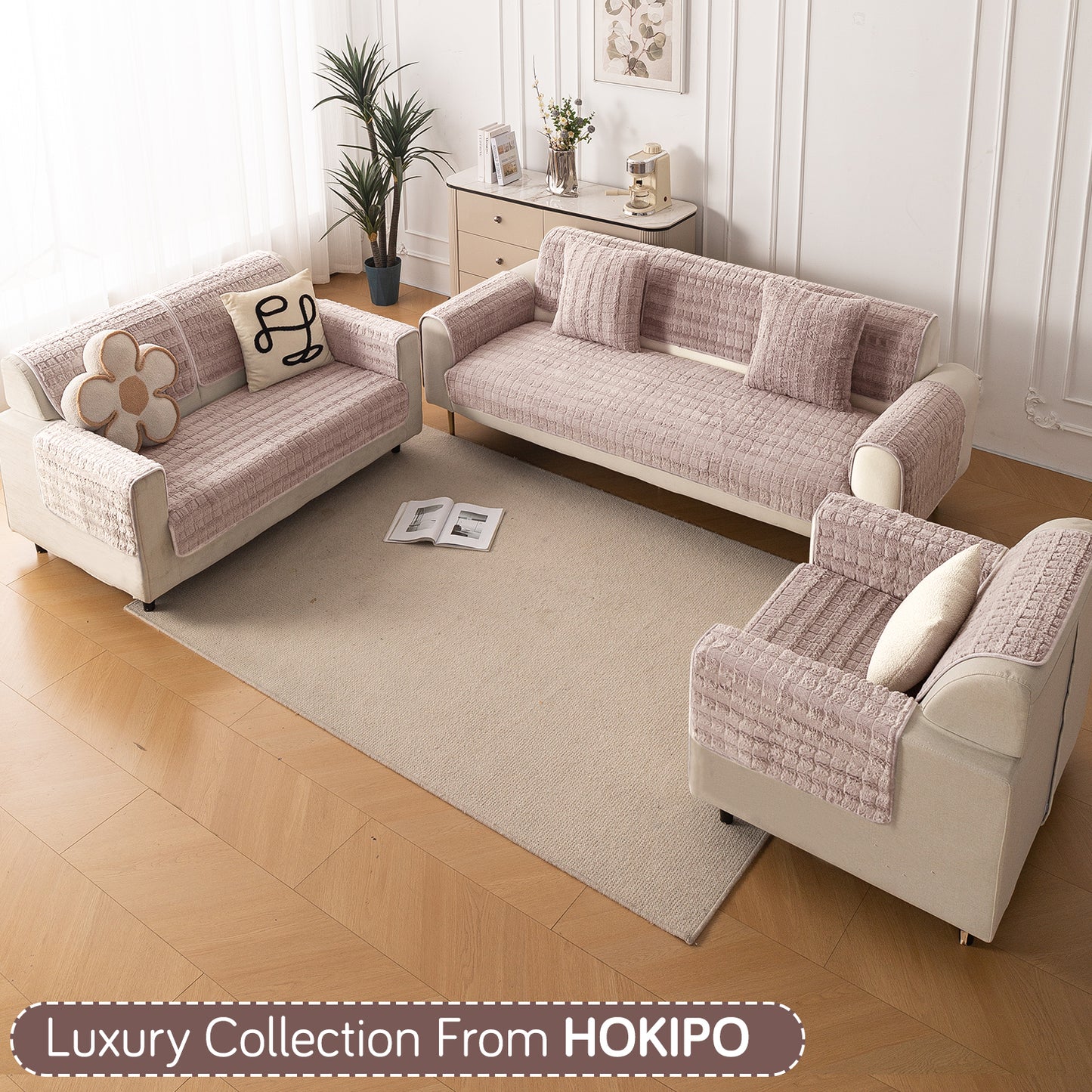 Premium Plush Anti Slip Sofa Cover Mat, Beige