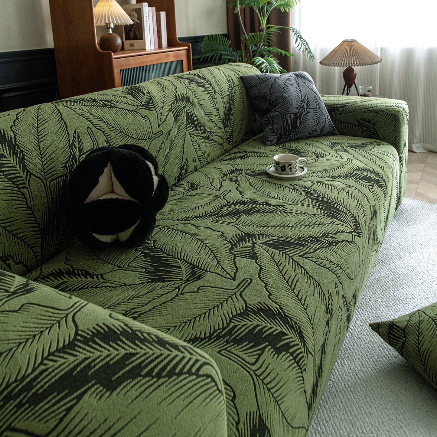 Dual Tone Knitting Jacquard Sofa Cover 1/2/3 Seater Fully Covered - Olive Green