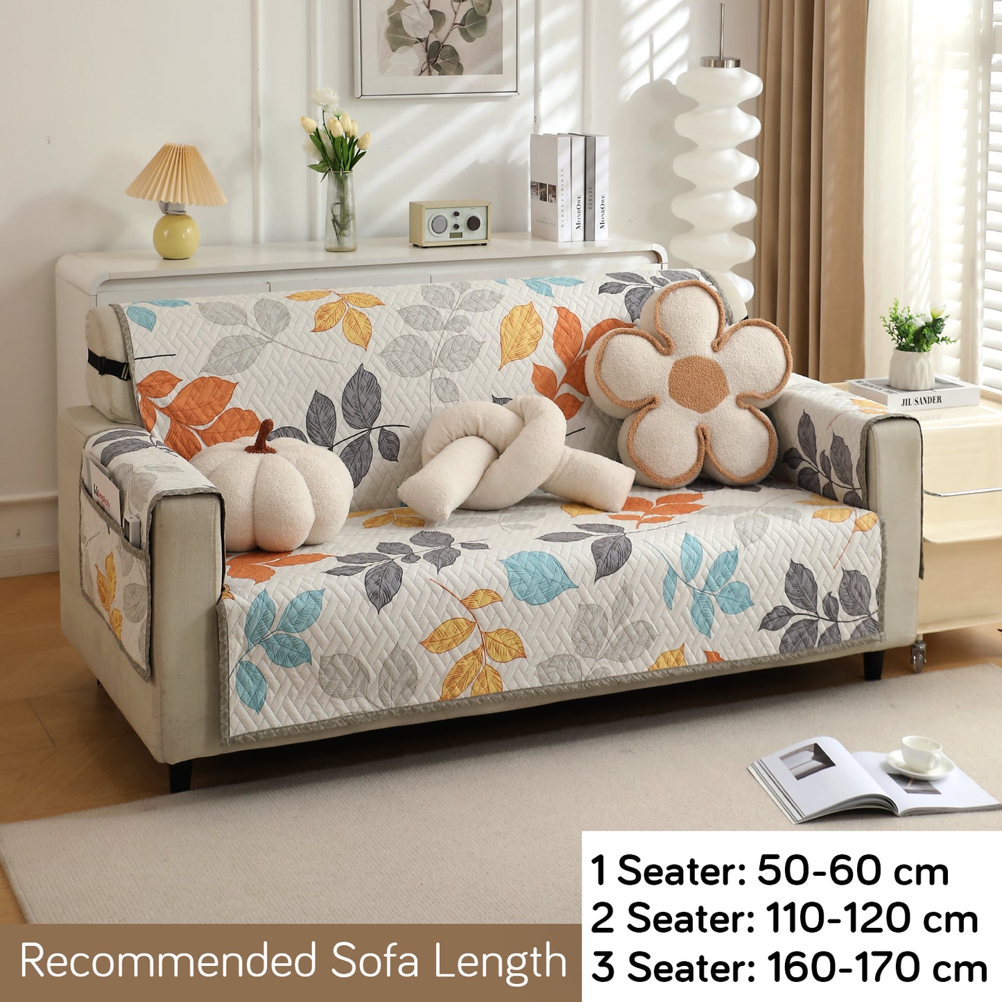 Quilted Sofa Cover with Pockets, Multicolor Leaves