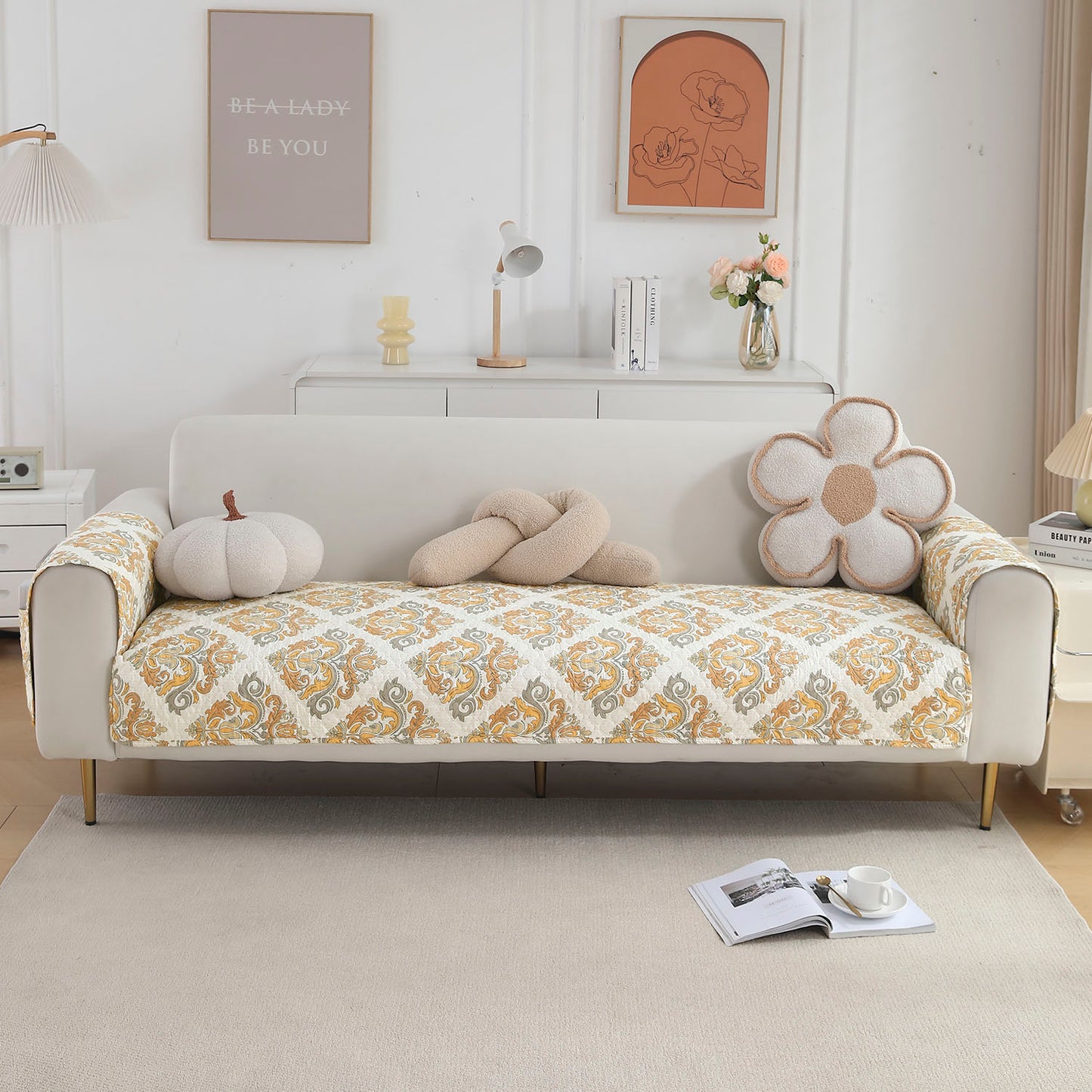 Quilted Sofa Seat Mat with Two Armrest Covers with Pockets for 1/2/3 Seater Sofa, Damask Beige