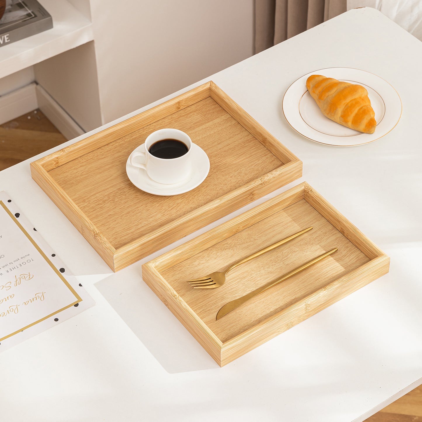Wooden Serving Tray MDF Rectangular Eco-Friendly Trays Set of 3 – Natural Finish
