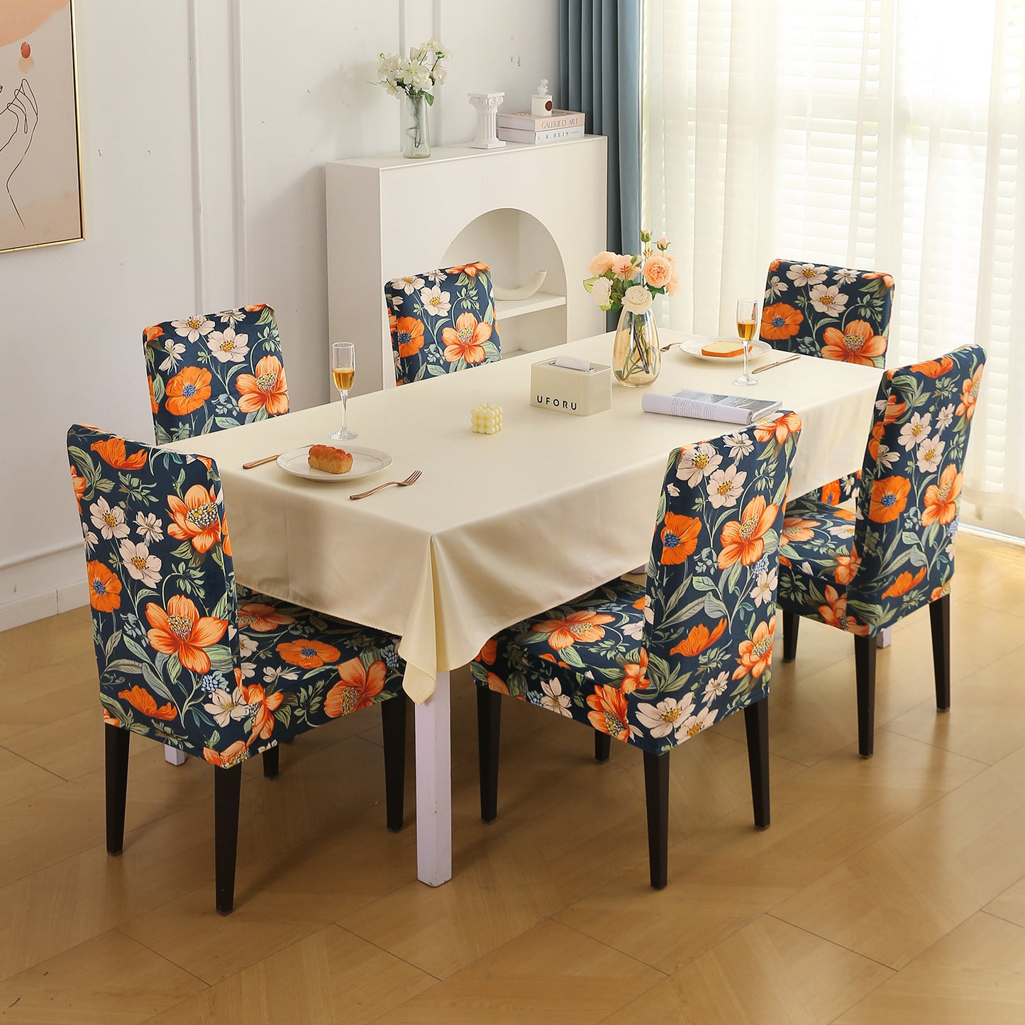 Premium Printed Velvet Dining Chair Cover Set, Teal Twilight Garden