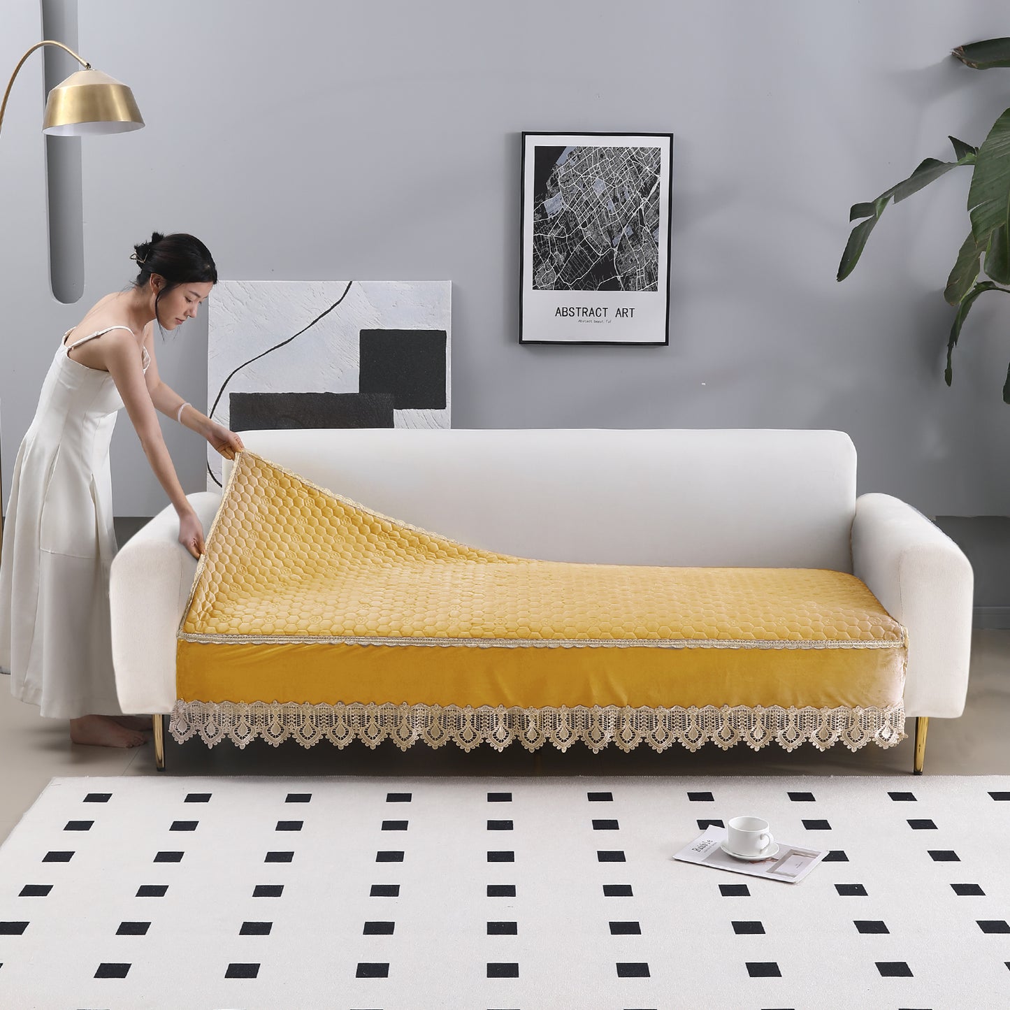 Premium Dutch Velvet Sofa Seat Mat for 1/2/3 Seater Sofa, Mustard