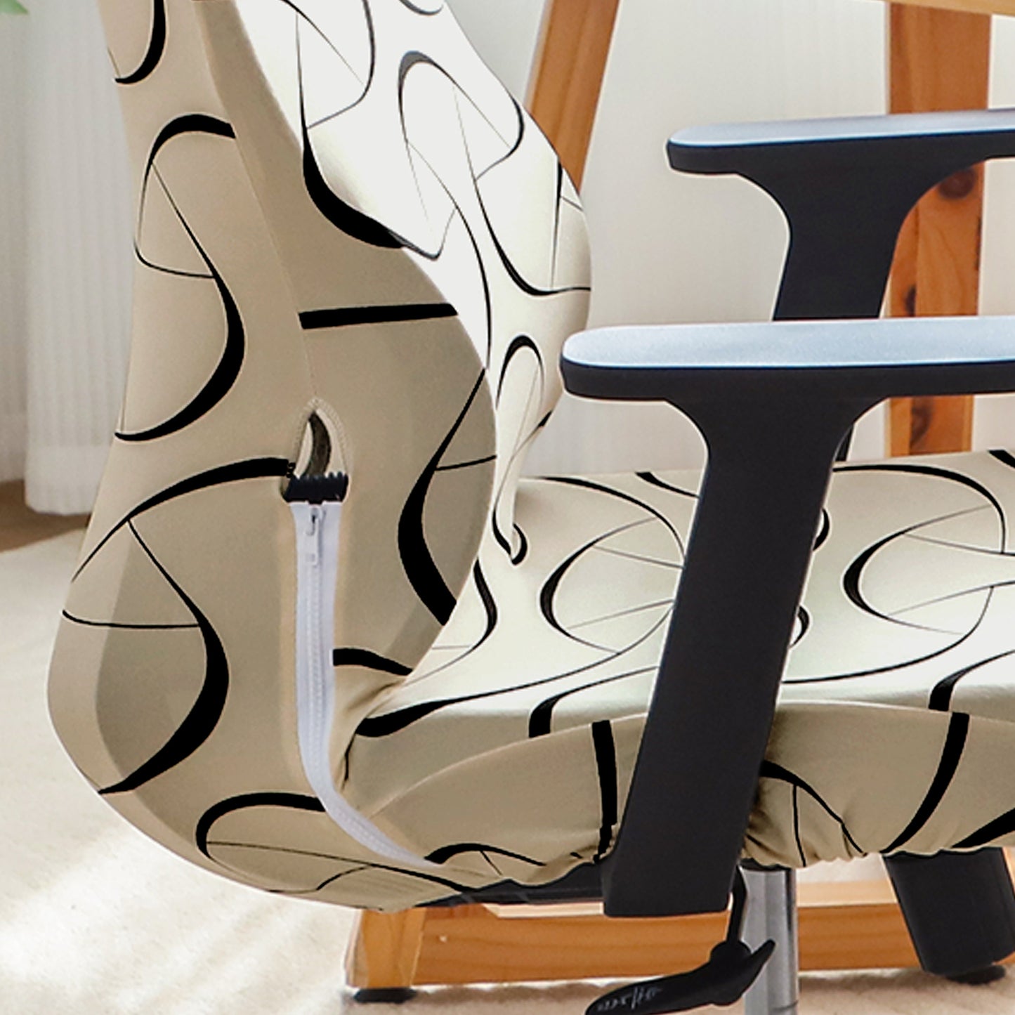 Printed Office Chair Cover with Headrest (High-Back) – 140 GSM Stretch Fabric – Washable, Anti-Slip Fit for Ergonomic Mesh Office Chairs, Natural Beige Abstract Art