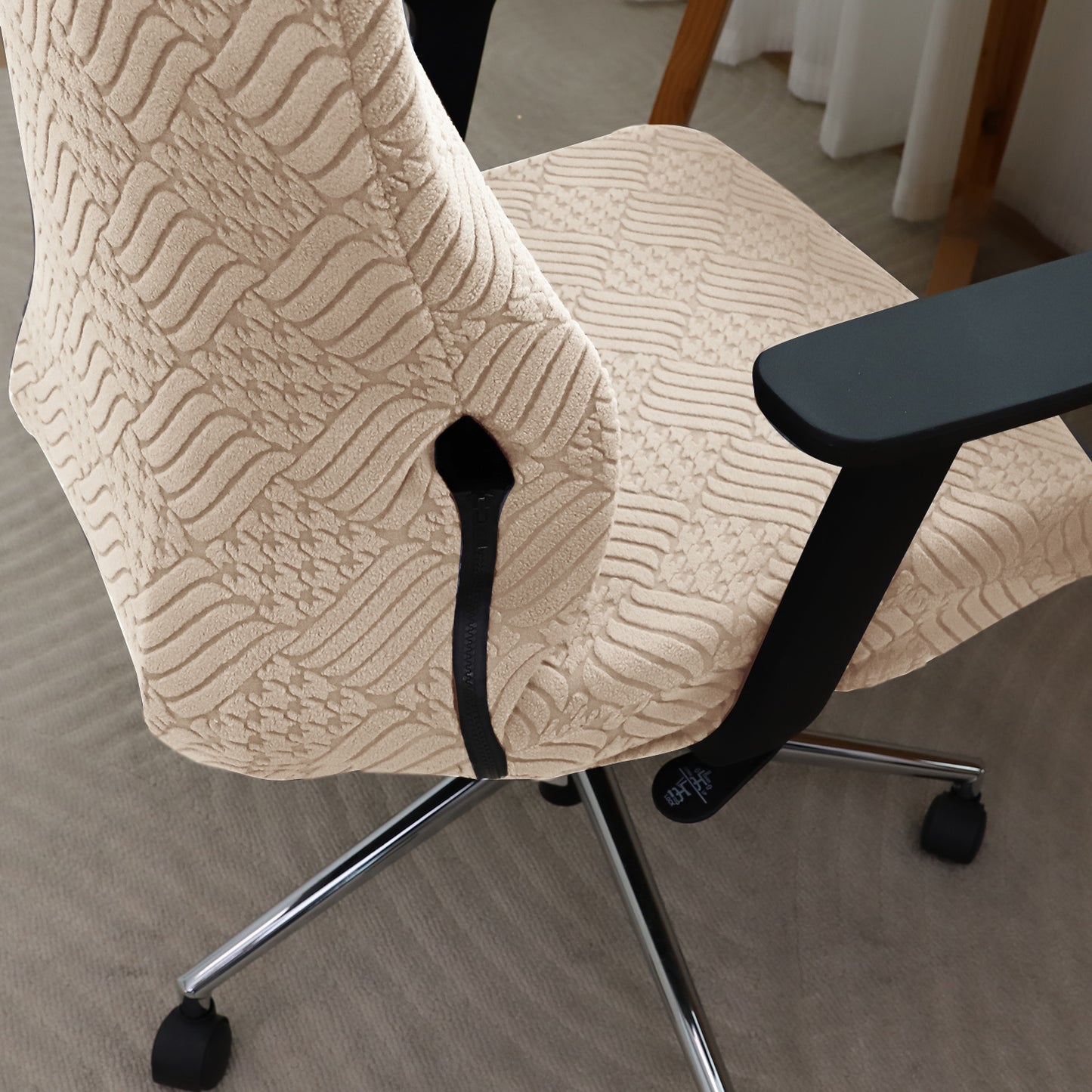 Office Chair Cover with Headrest (High-Back) – 170 GSM Stretch Jacquard – Washable, Anti-Slip Fit for Ergonomic Mesh Office Chairs, Beige