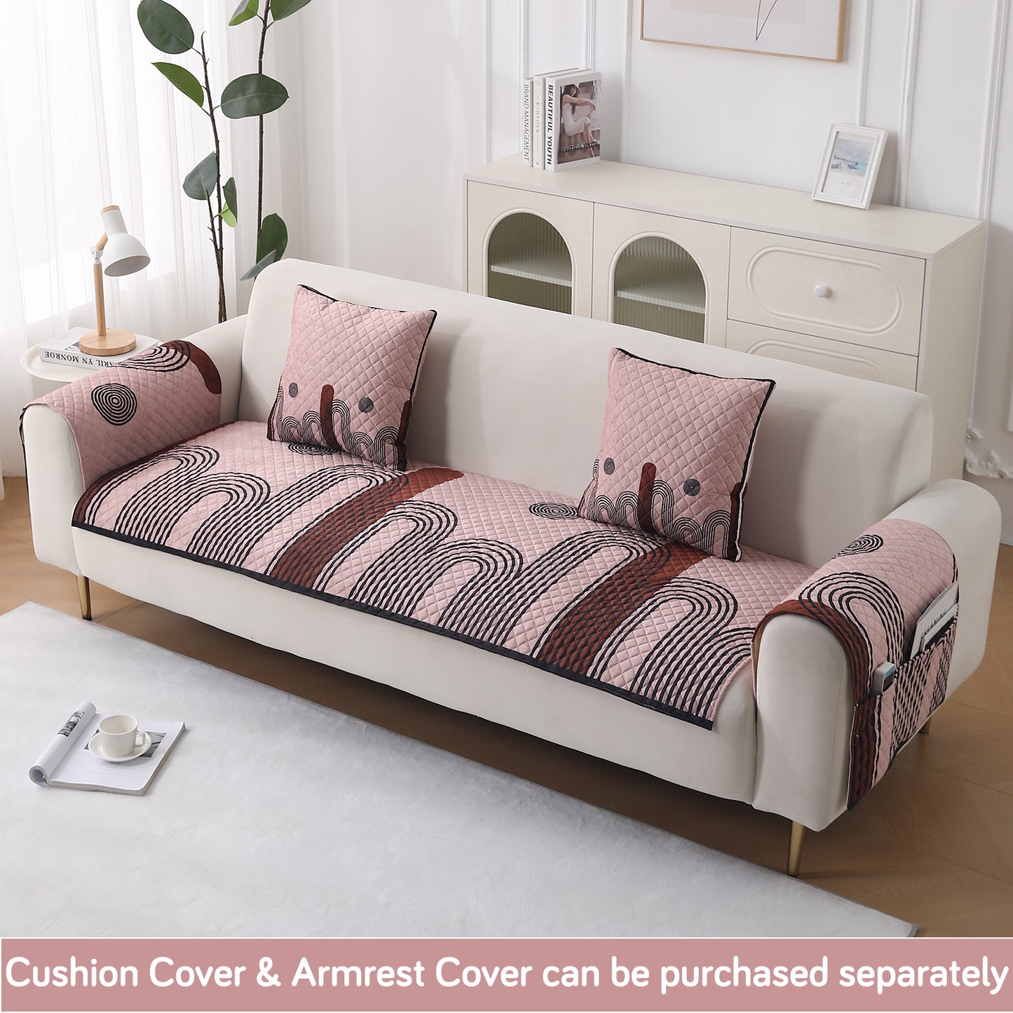 LiefNest Holland Velvet Sofa Cover Mat with Foam Filling - Modern Archscape Mauve Blush