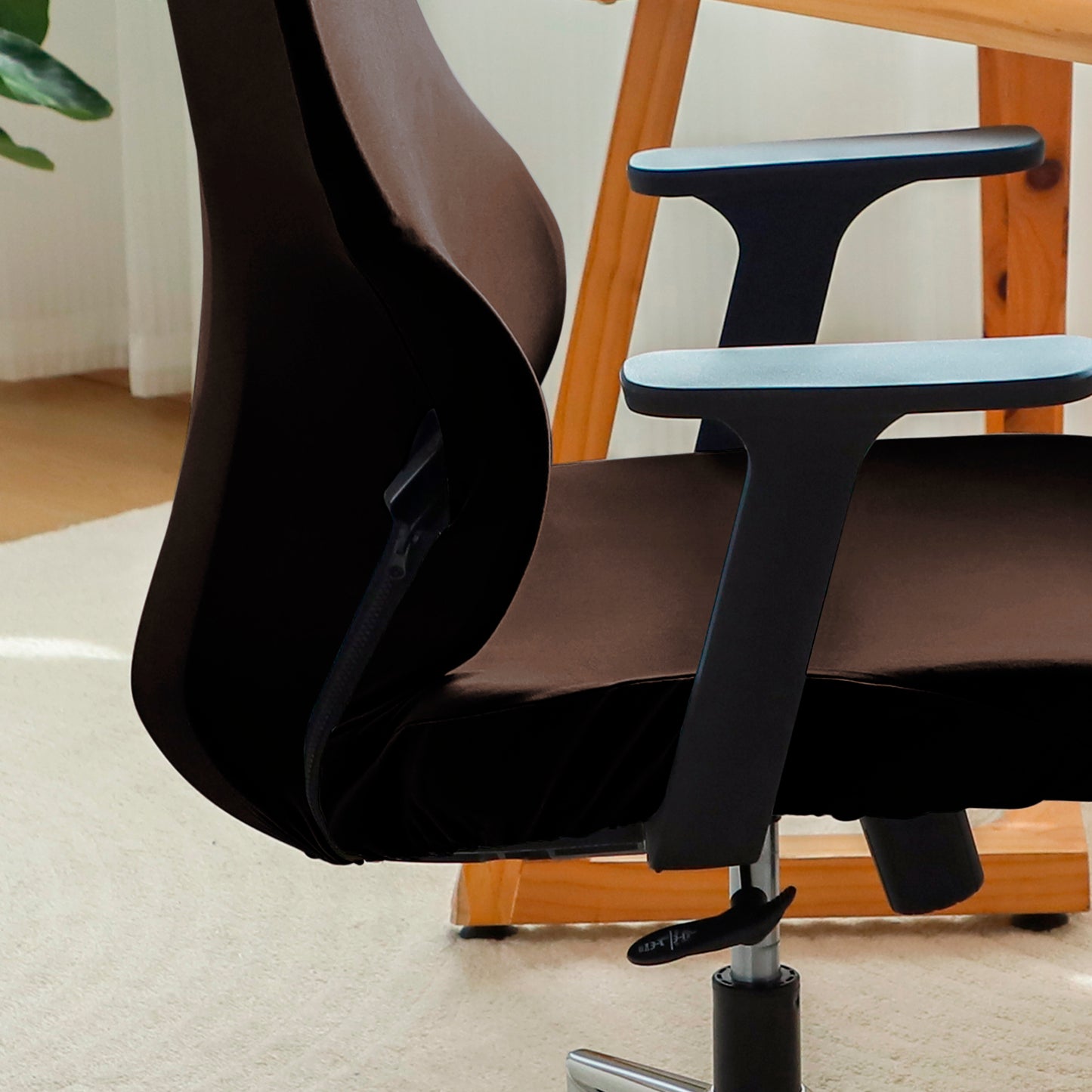 Office Chair Cover with Headrest (High-Back) – 140 GSM Stretch Fabric – Washable, Anti-Slip Fit for Ergonomic Mesh Office Chairs, Brown