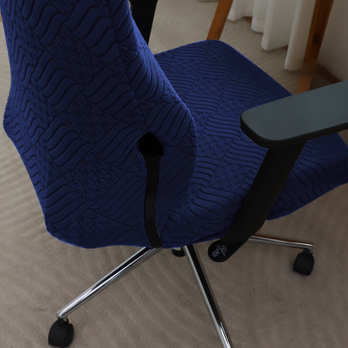 Office Chair Cover with Headrest (High-Back) – 170 GSM Stretch Jacquard – Washable, Anti-Slip Fit for Ergonomic Mesh Office Chairs, Navy Blue