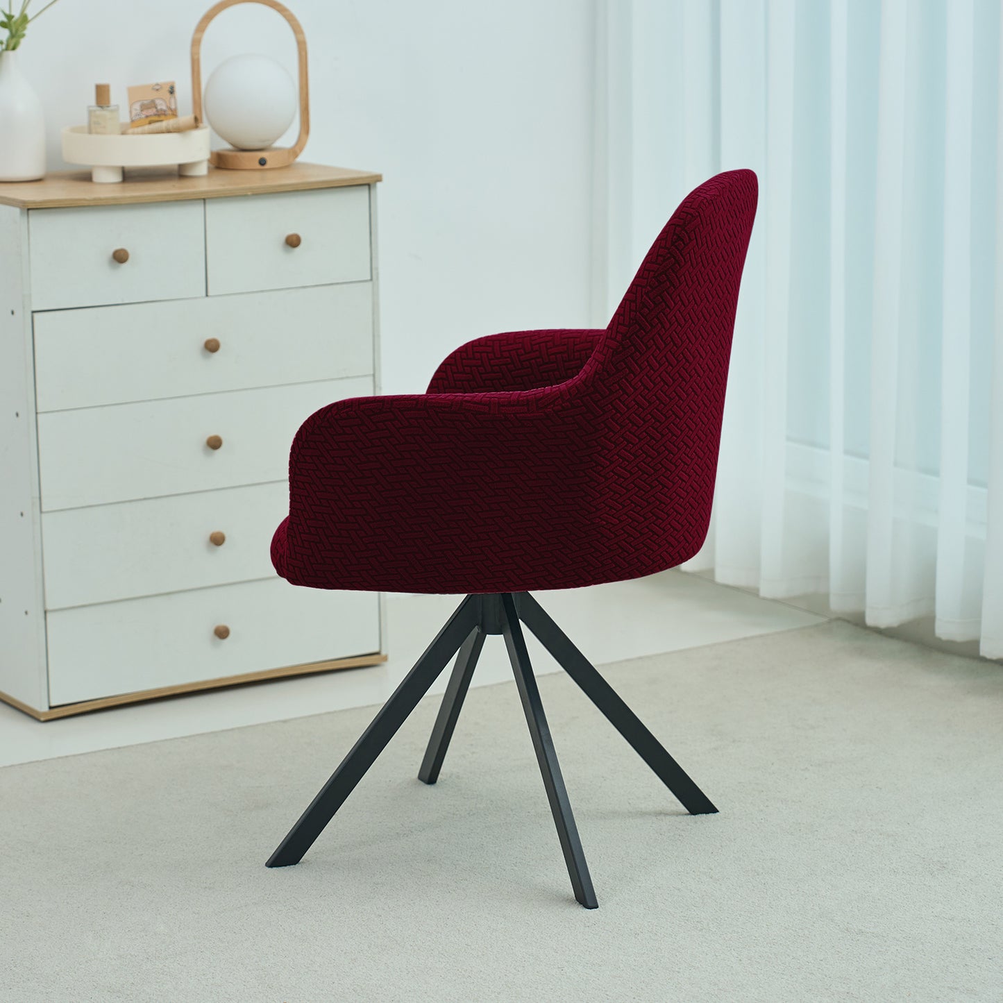 Premium Jacquard Fully Covered Cover for Swivel Dining Chair with Arms, Burgundy