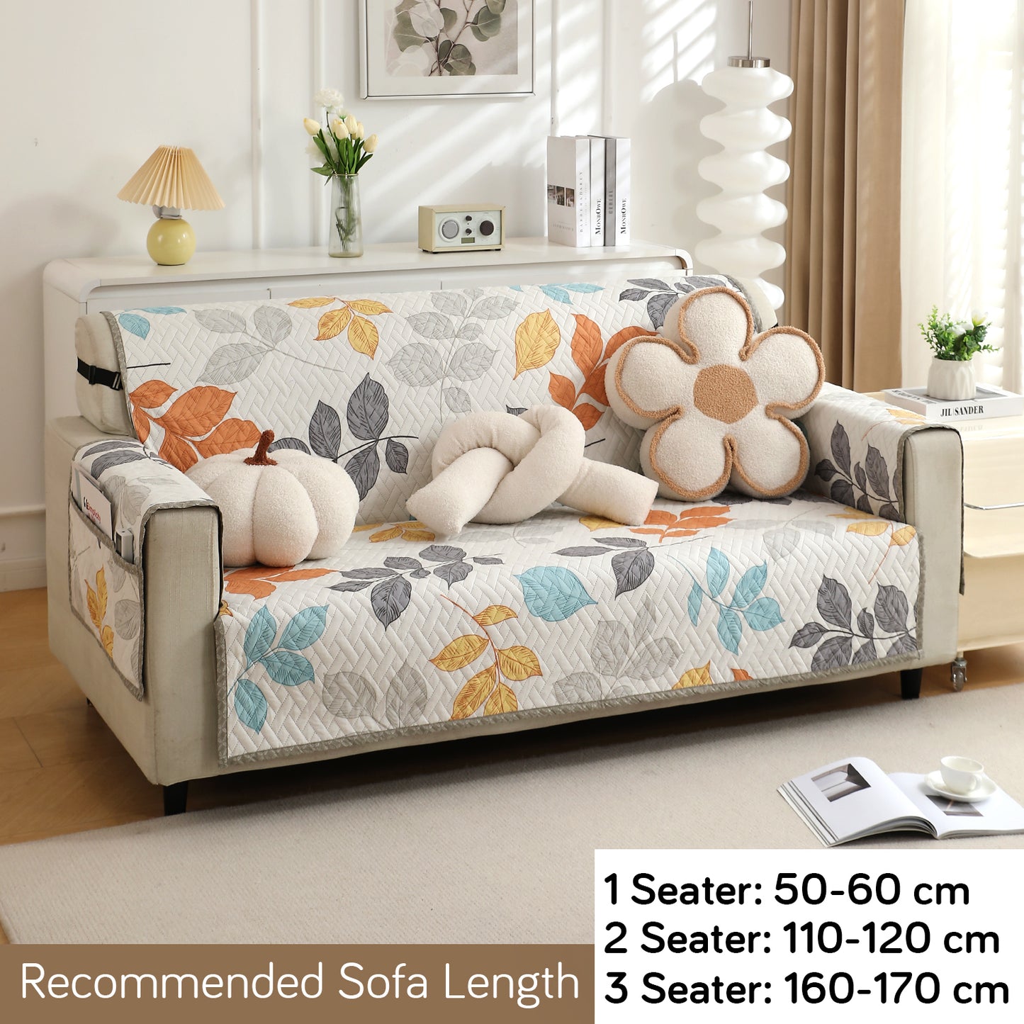 Quilted Sofa Cover with Pockets, Multicolor Leaves