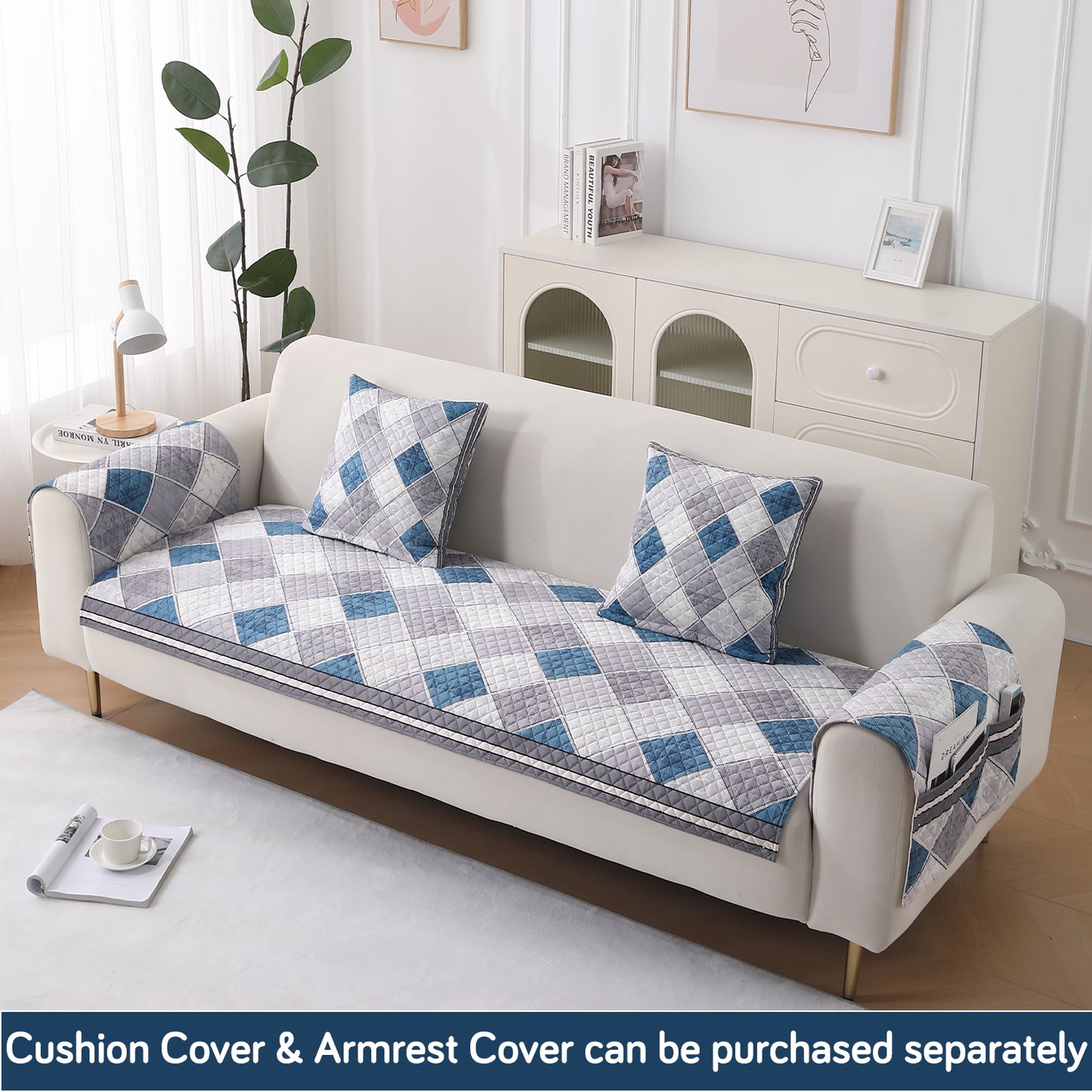 LiefNest Holland Velvet Sofa Cover Mat with Foam Filling - Diamond Slate Grey Blue