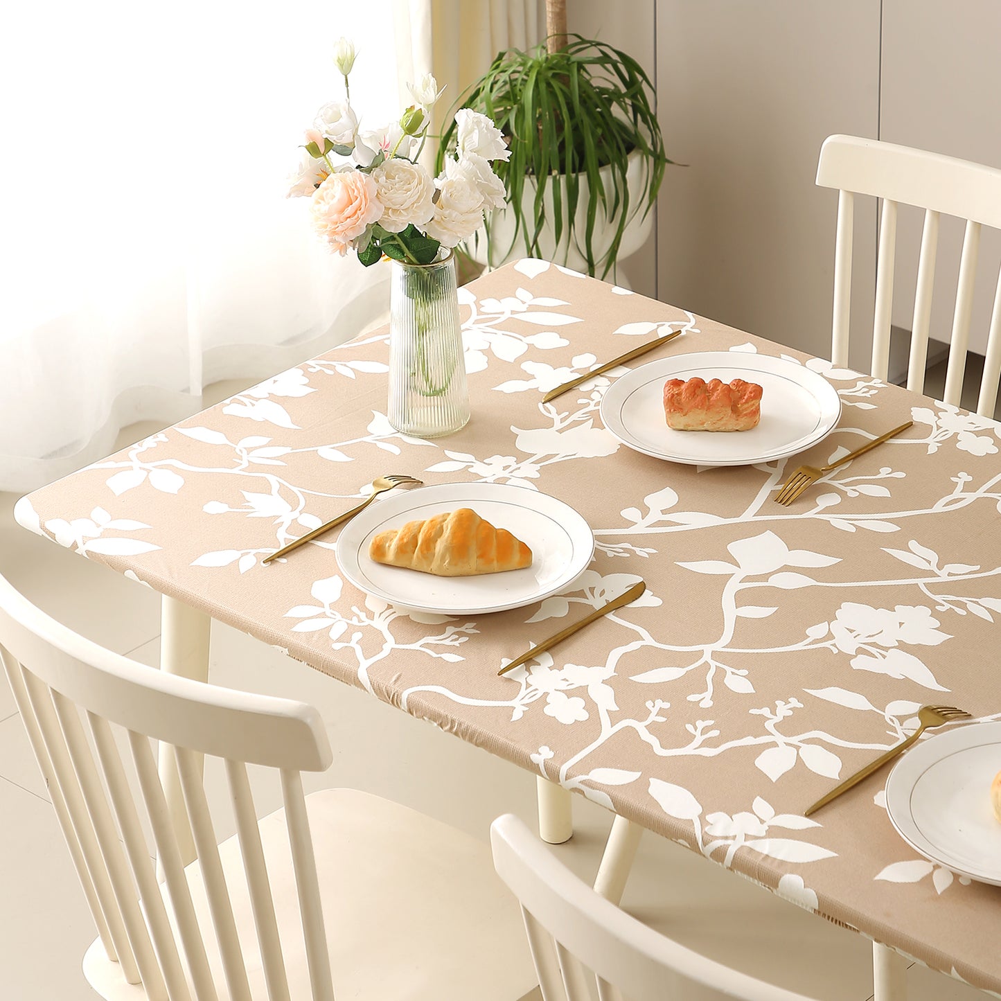 Printed Stretch Fit Water-Repellent & Anti-Slip Table Cloth Cover for 4 Seater / 6 Seater, Buff Brown Sillehoute Floral
